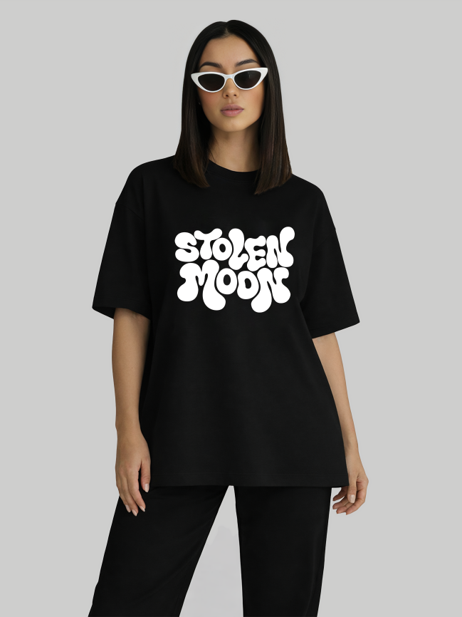 Black oversized graphic t-shirt for women with Stolen Moods slogan front view
