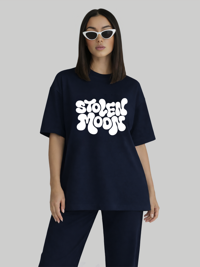 Women’s navy blue oversized graphic t-shirt with Stolen Moods print front view
