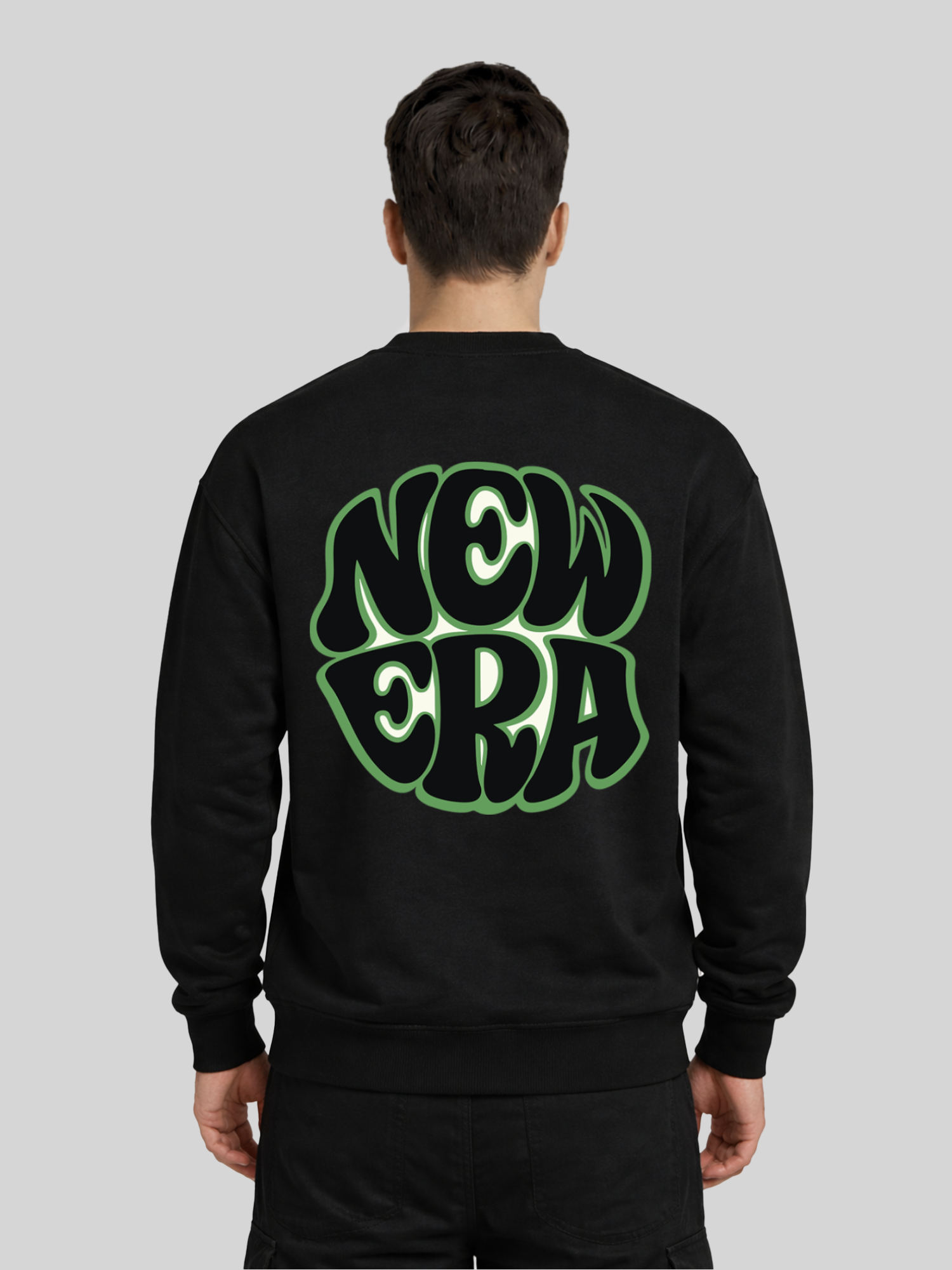 Black New Era graphic sweatshirt for men with large retro back print, casual streetwear pullover