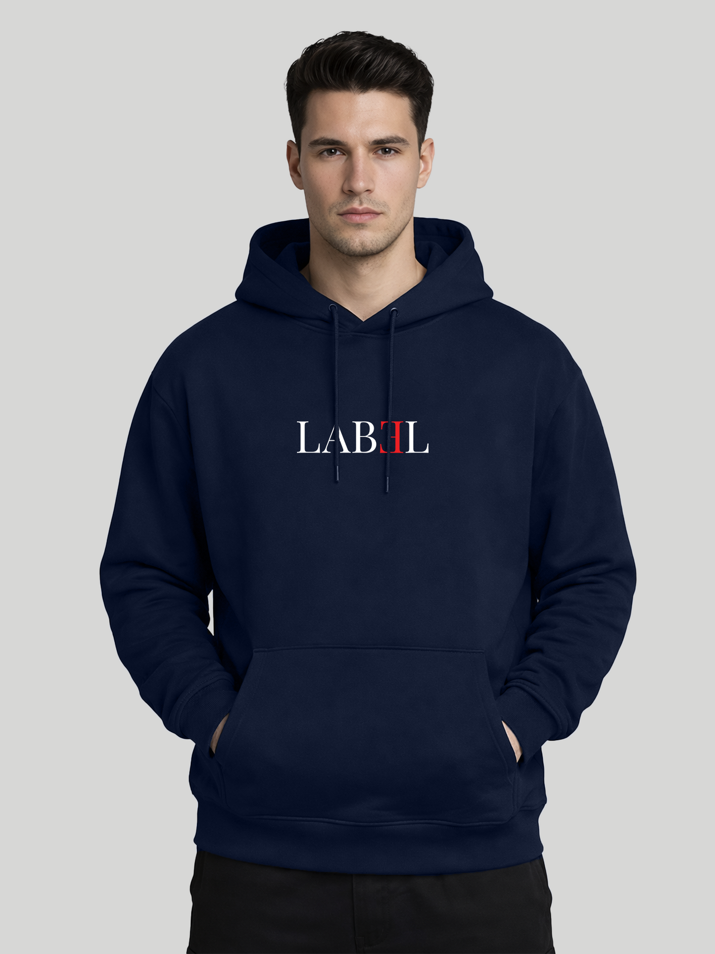 LABEL navy blue hoodie for men front view with minimal print and kangaroo pocket