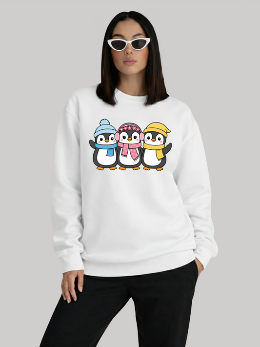 Febora white sweatshirt with cute penguin winter graphic for women