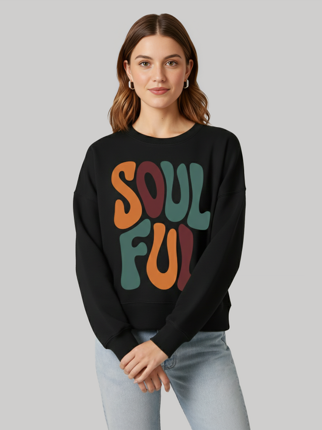 Ninthclause Soulful black oversized sweatshirt for women with bold multicolor graphic print