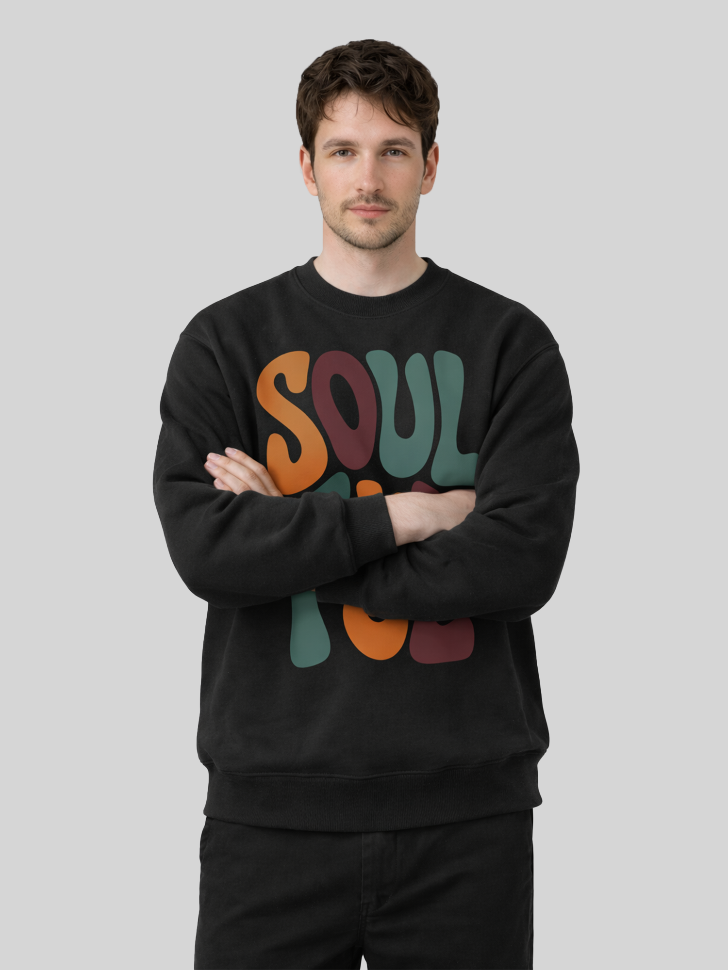 Men’s black Soulful graphic sweatshirt with retro colorful front print, casual streetwear crewneck