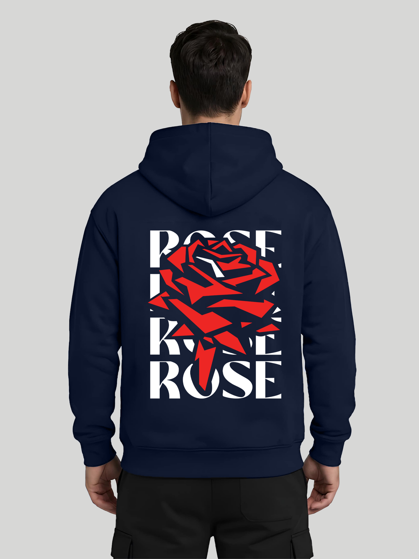 Red Rose navy blue graphic hoodie for men back view with bold red rose print