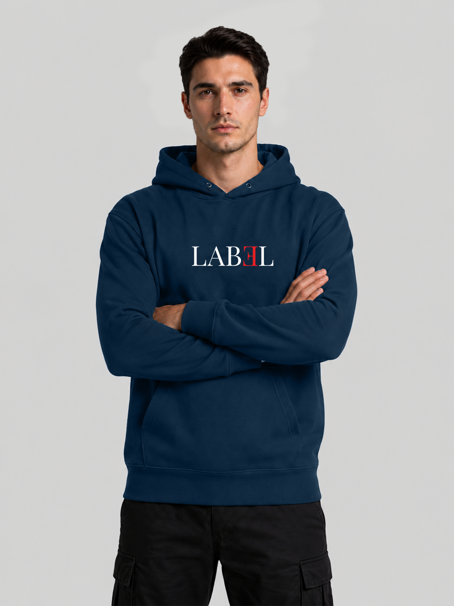 Men's LABEL navy blue logo hoodie with crossed arms and modern streetwear look