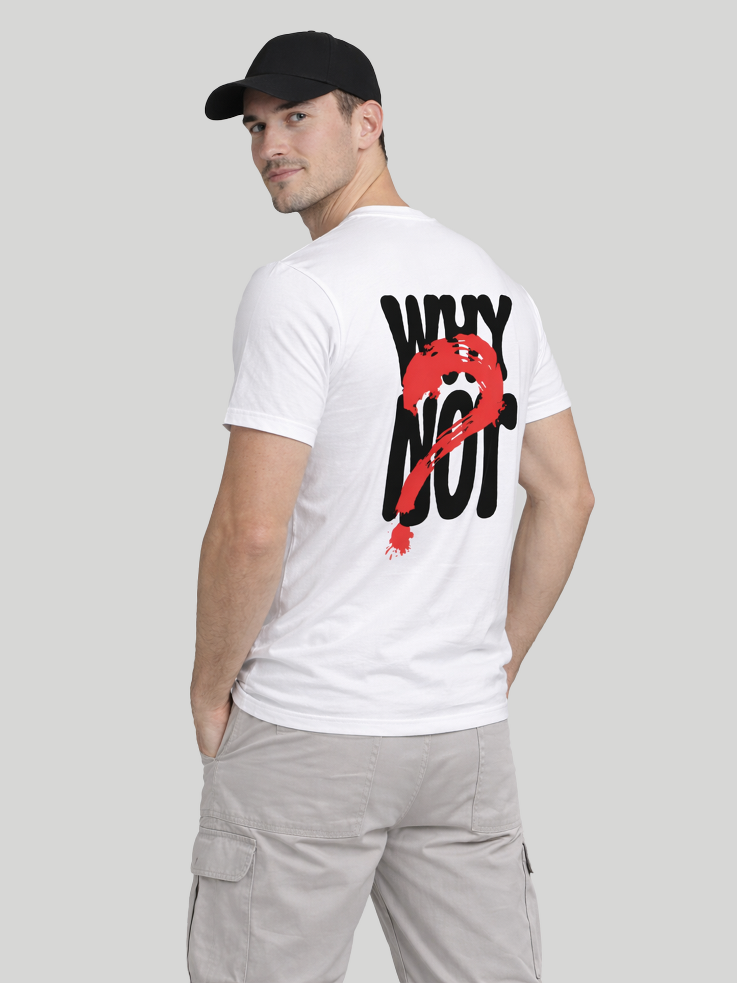 Men’s white Why Not graphic back print t-shirt in angled rear view