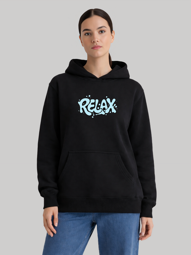 Women wearing black RELAX hoodie with relaxed casual fit