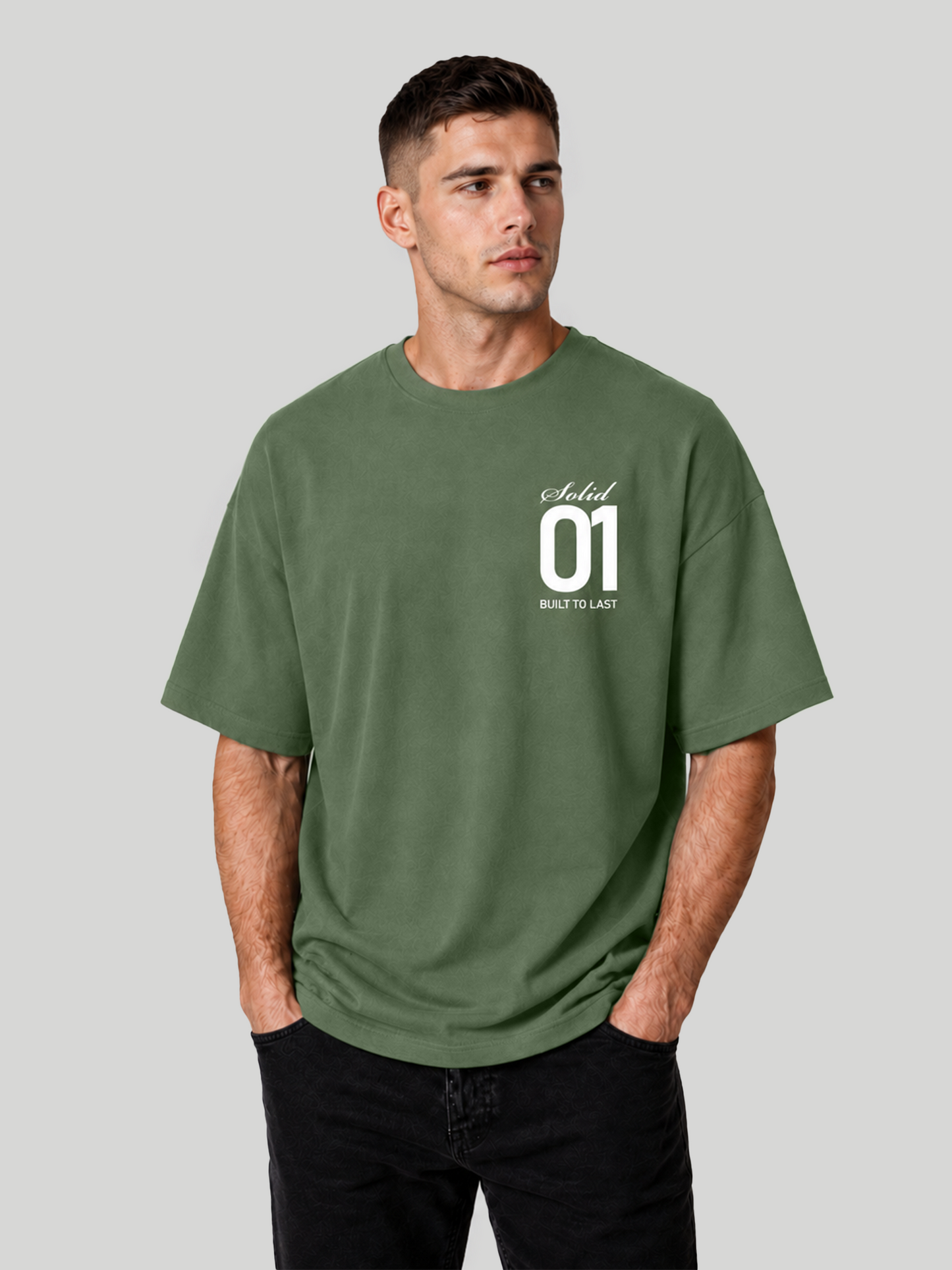 Men's Forest Green Oversized T-Shirt Side Angle View – Heavyweight Cotton Streetwear