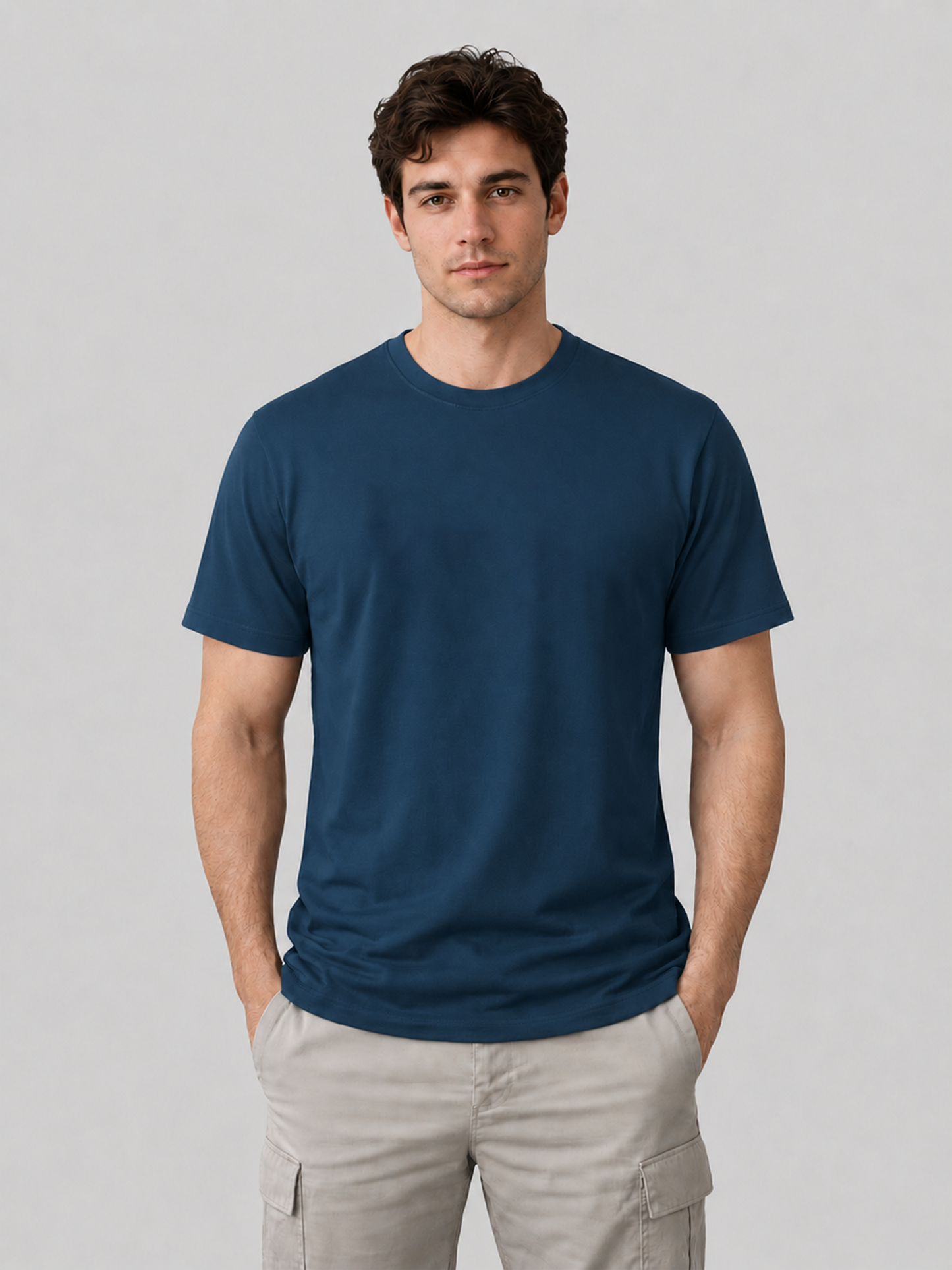 A front studio shot of a male model standing with both hands in his pockets, showcasing the clean regular fit of a navy blue crew neck casual t-shirt.
