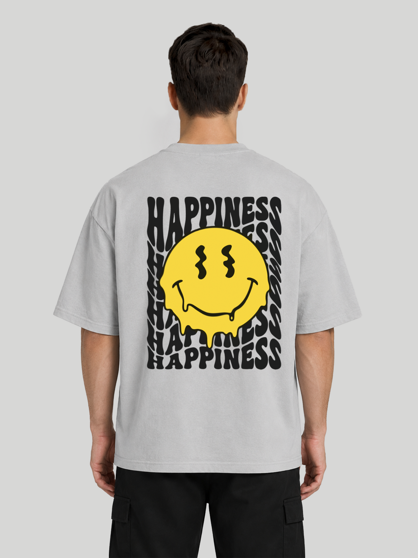 Ash Grey Happiness Smiley Graphic Oversized T-Shirt Back View