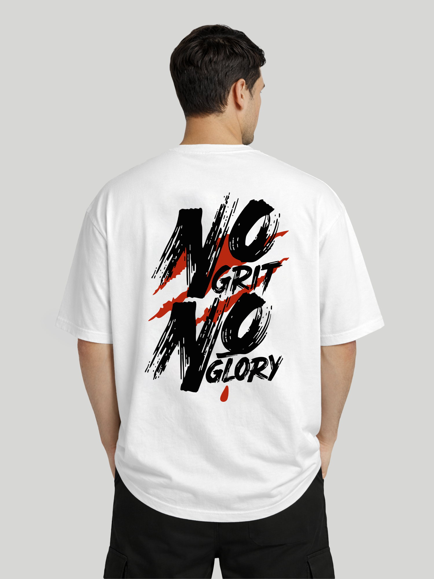 No Grit No Glory white oversized t-shirt for men angled back view with statement streetwear graphic