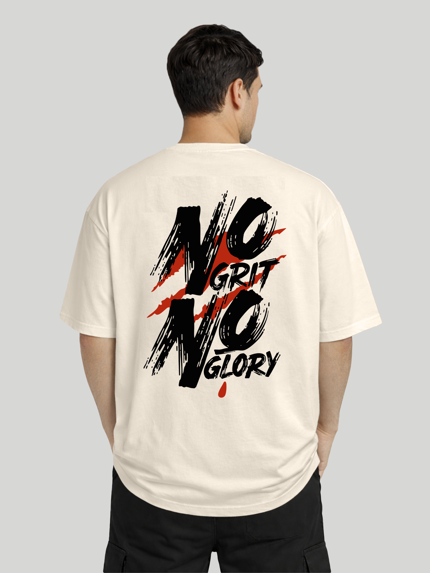 No Grit No Glory ecru oversized t-shirt for men back view with bold graphic print
