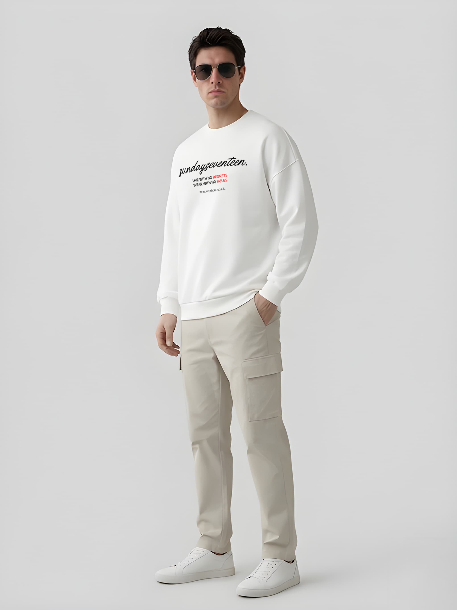 Men’s Sundayseventeen graphic sweatshirt with statement front print, casual crewneck sweatshirt front angle view