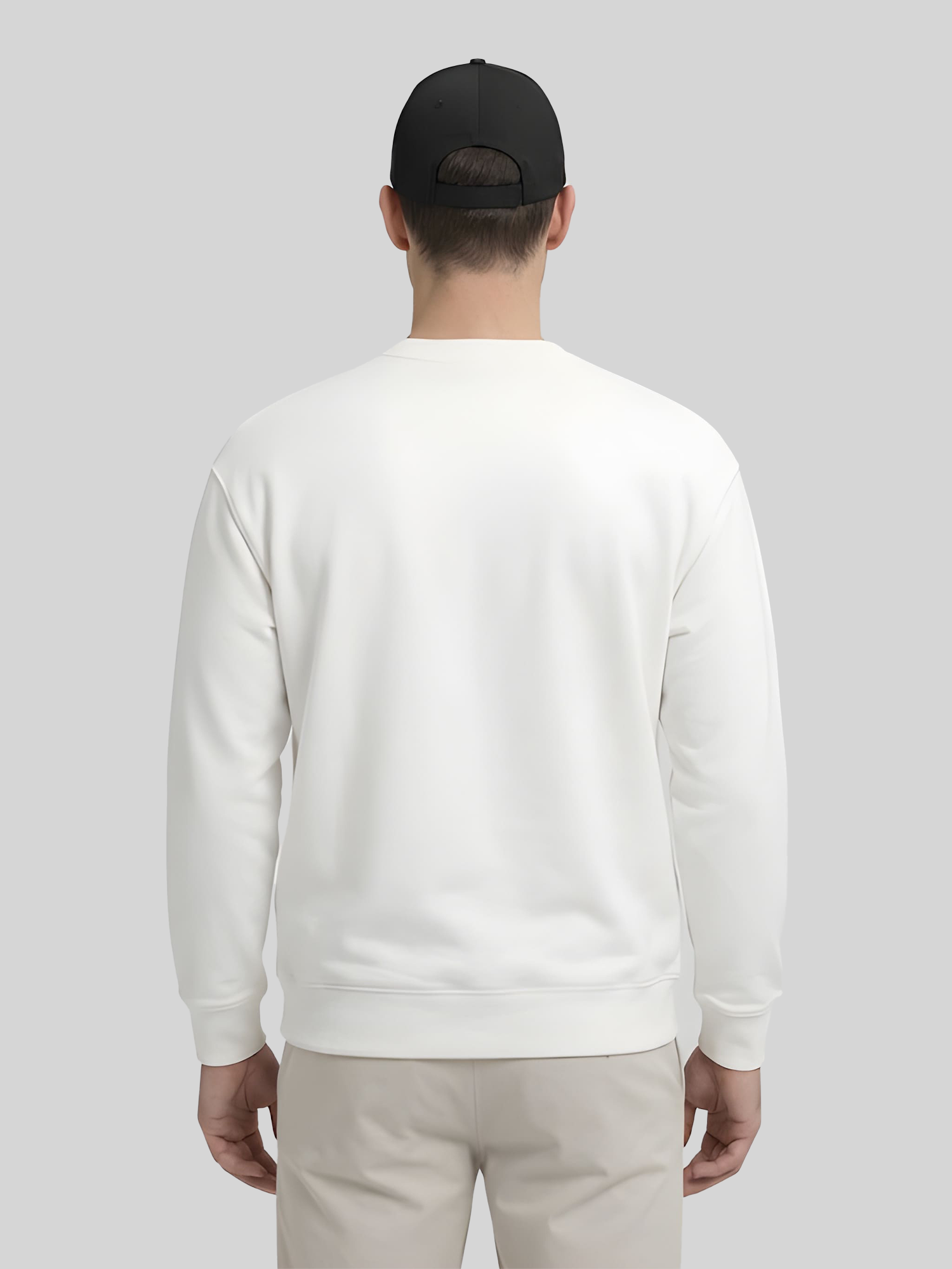 Men’s white crewneck sweatshirt back view, minimalist casual fleece streetwear sweatshirt