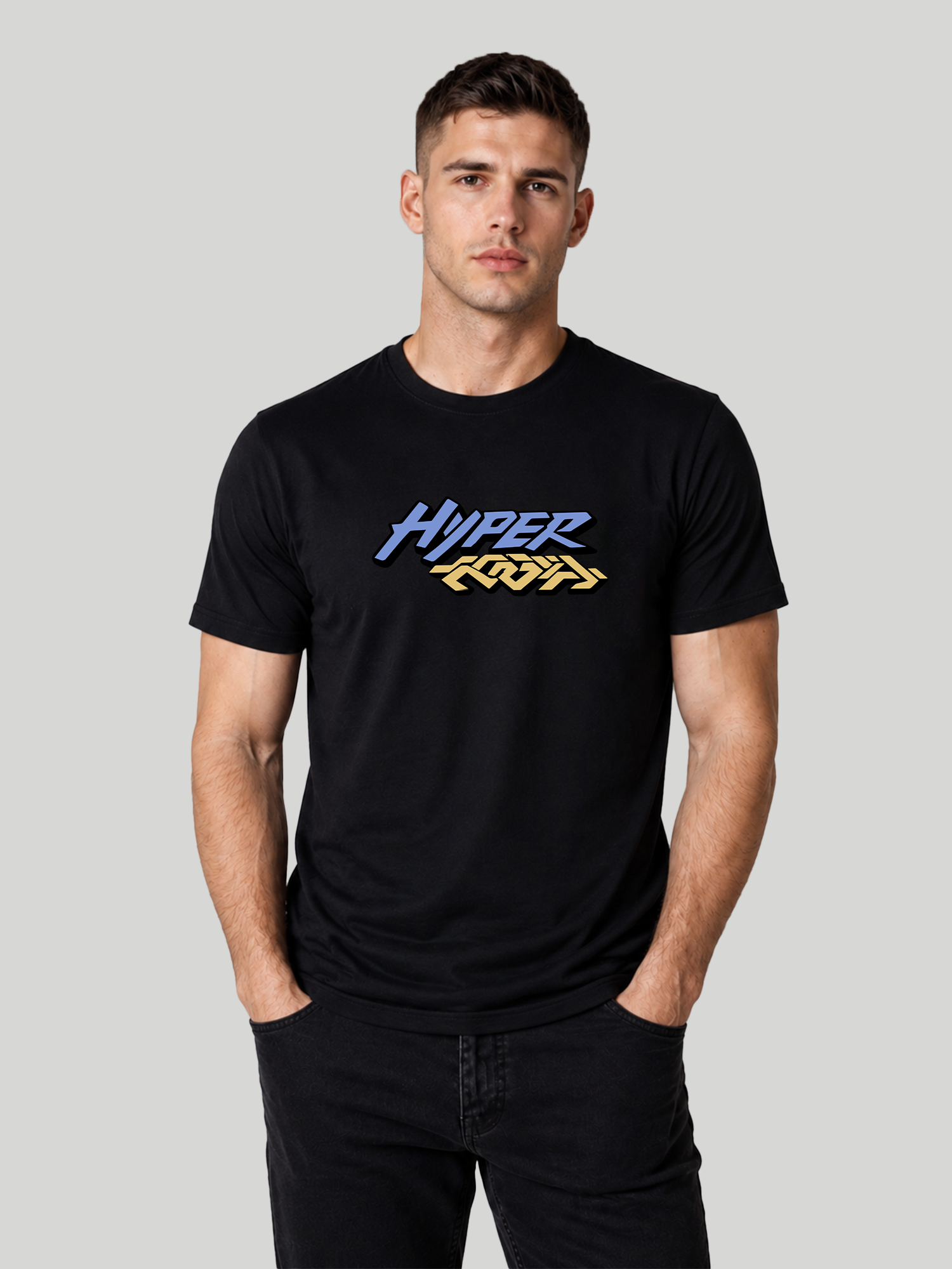 A male model posing with hands in pockets, wearing a black "HYPER" printed graphic t-shirt.