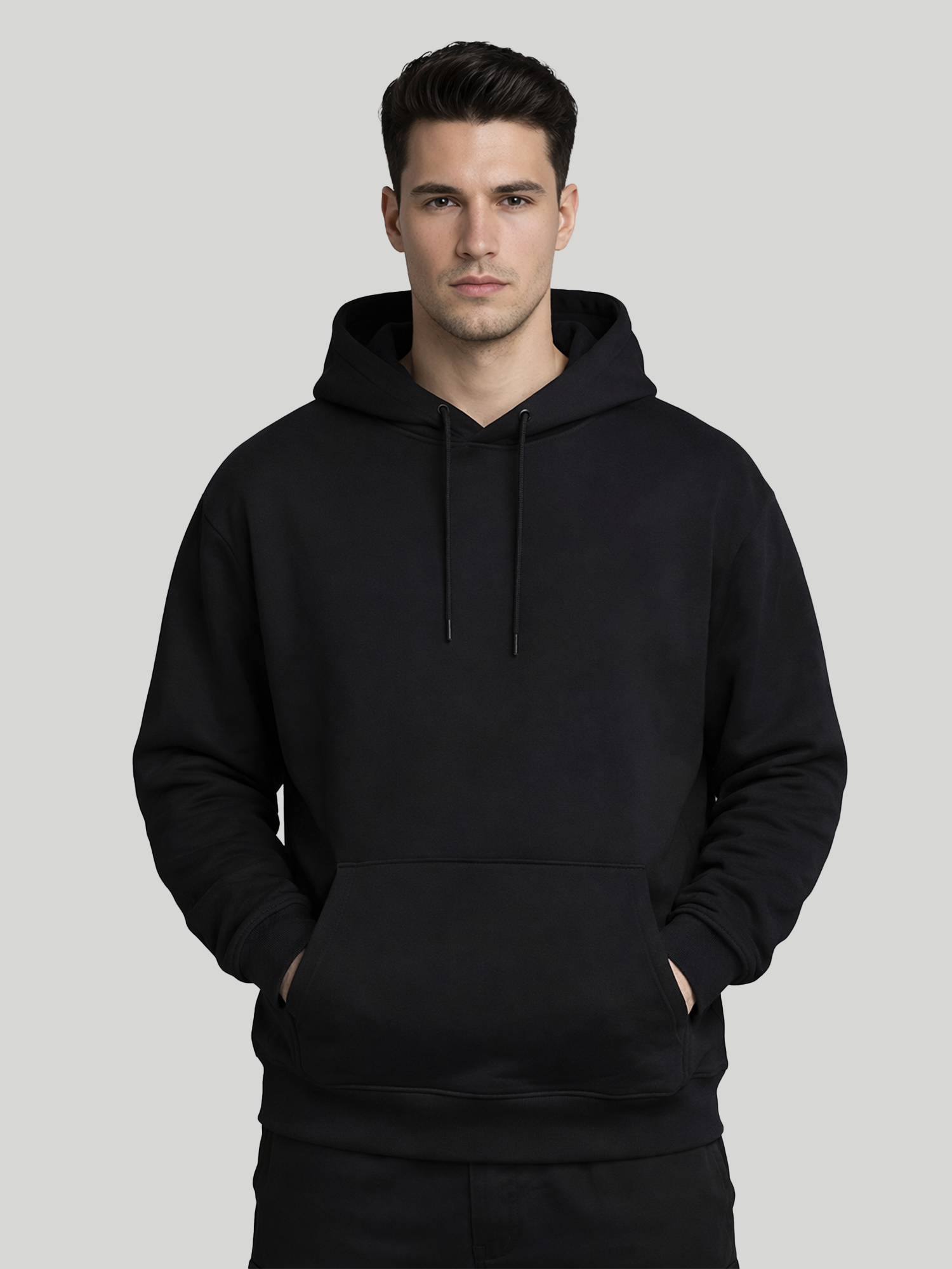 Space Face black hoodie for men front view plain pullover hoodie with kangaroo pocket