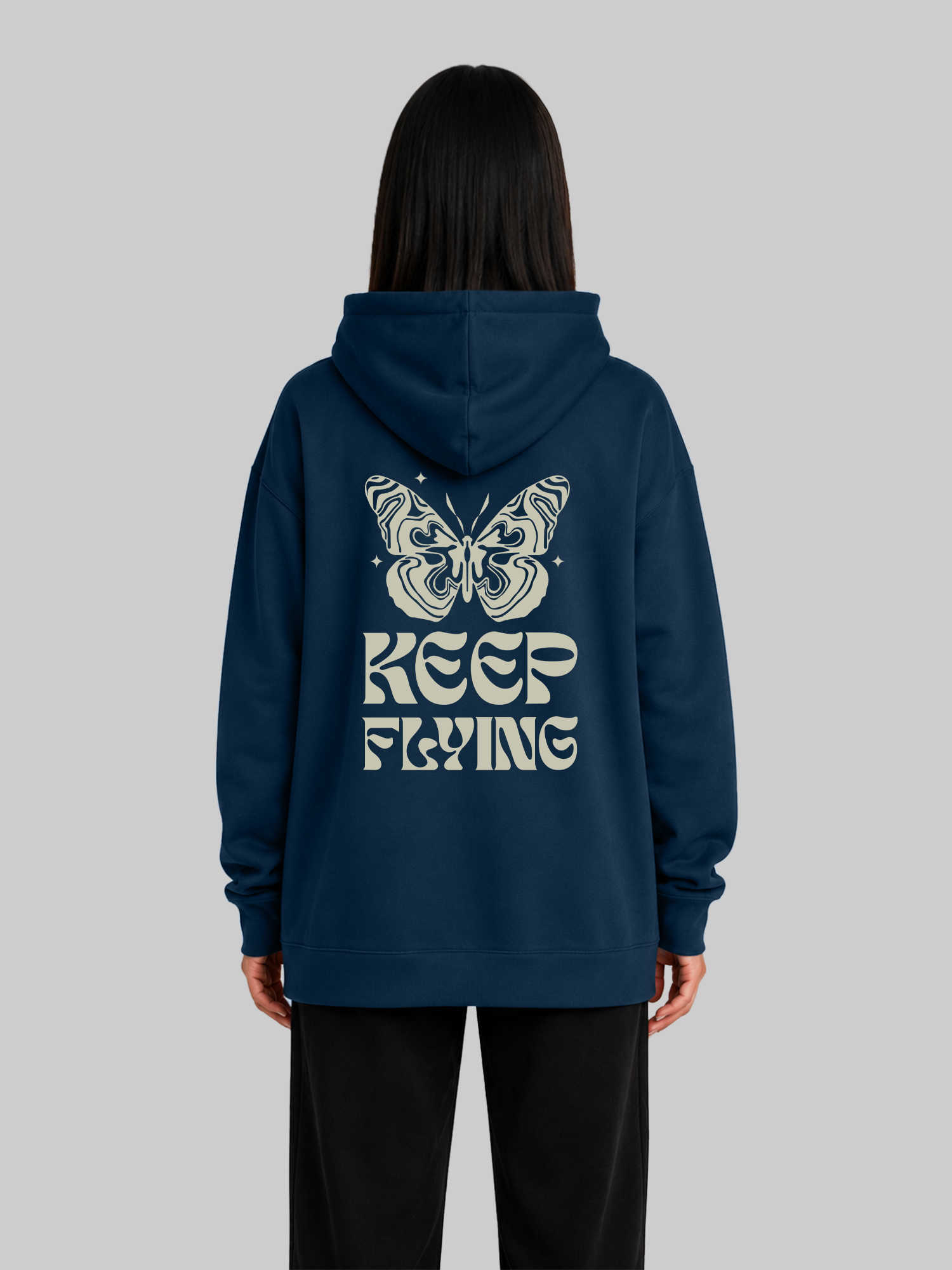 Navy Blue Women's Keep Flying Butterfly Graphic Hoodie Back View
