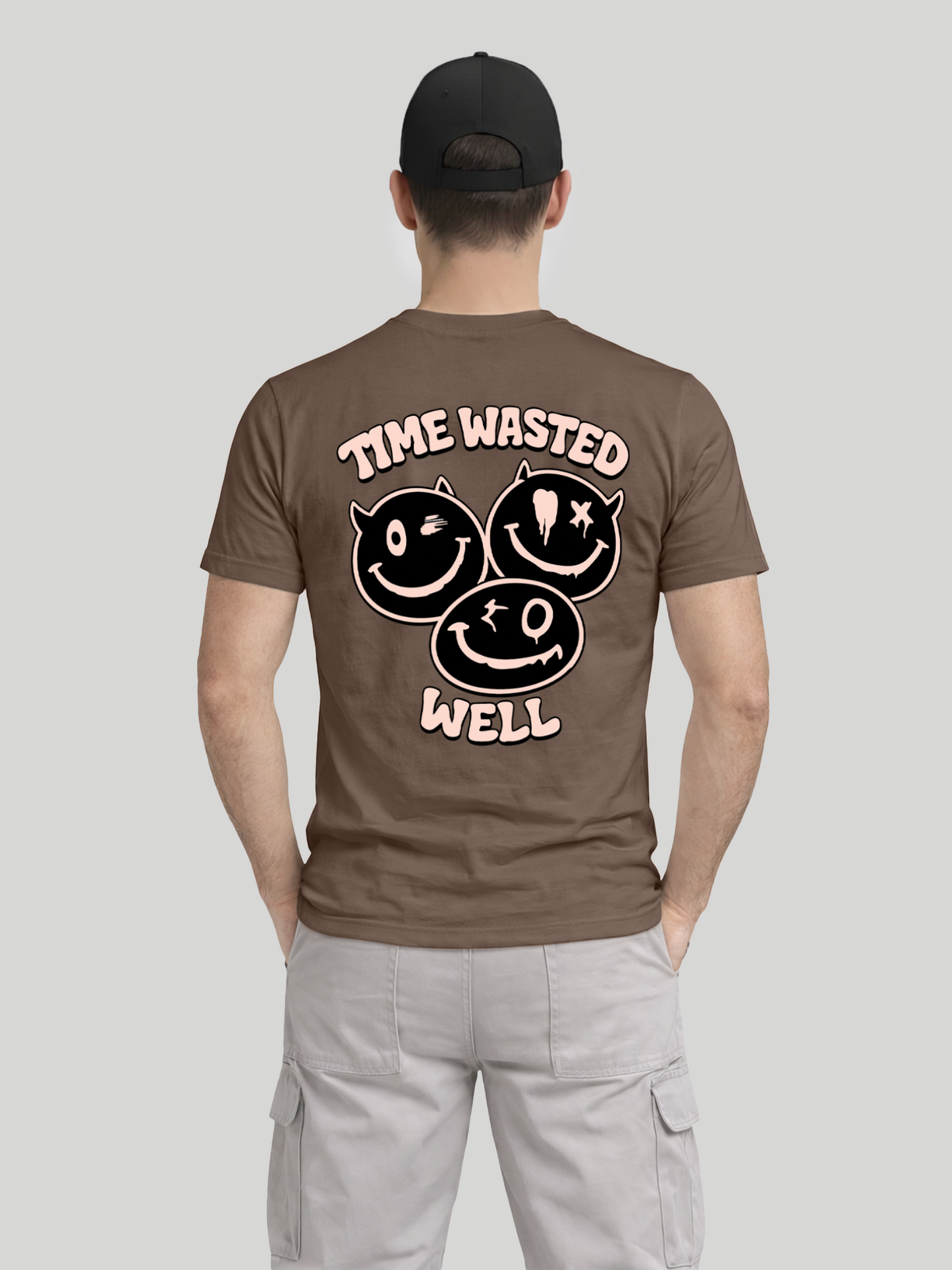 Men wearing Espresso Time Wasted Well graphic printed regular fit t-shirt back view