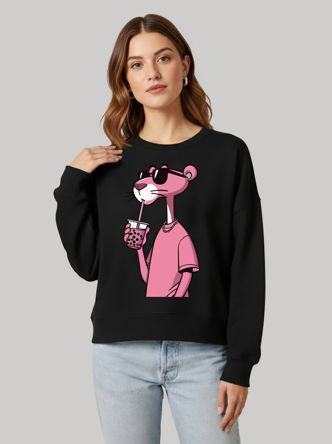 Ninthclause black sweatshirt for women with pink panther graphic and relaxed fit