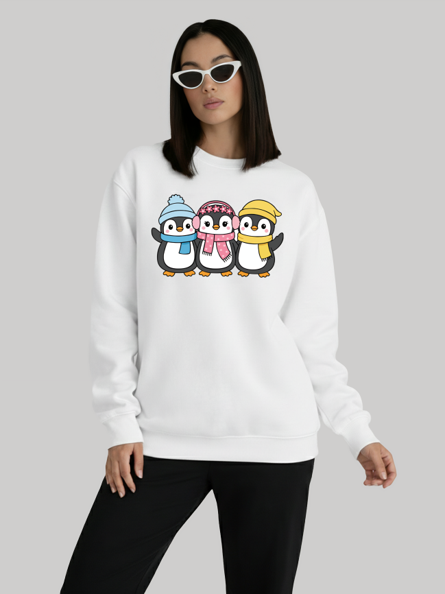 Front view of Febora white sweatshirt with cute penguin graphic for women