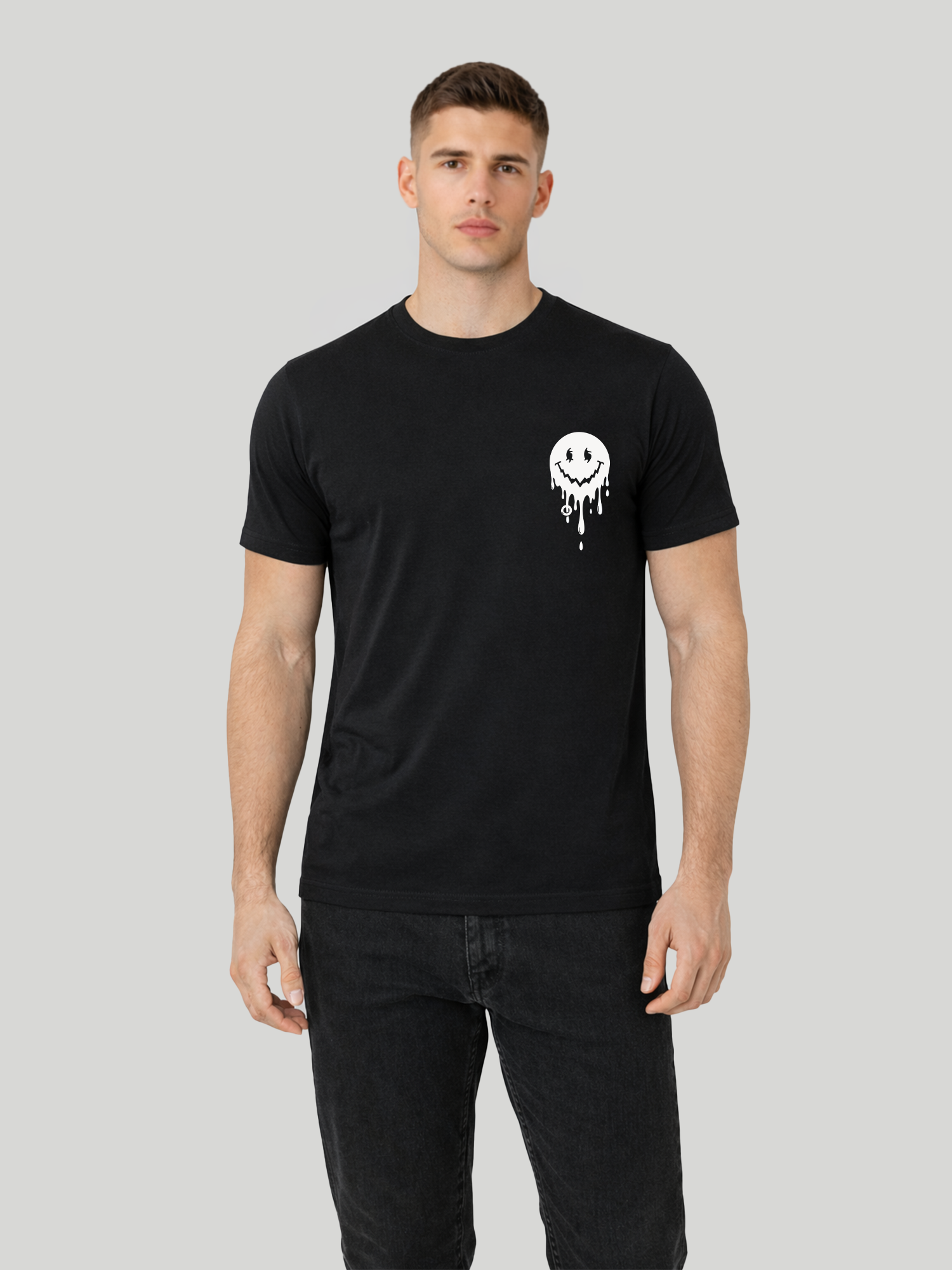 Men’s Black regular fit smiley graphic printed t-shirt front standing pose