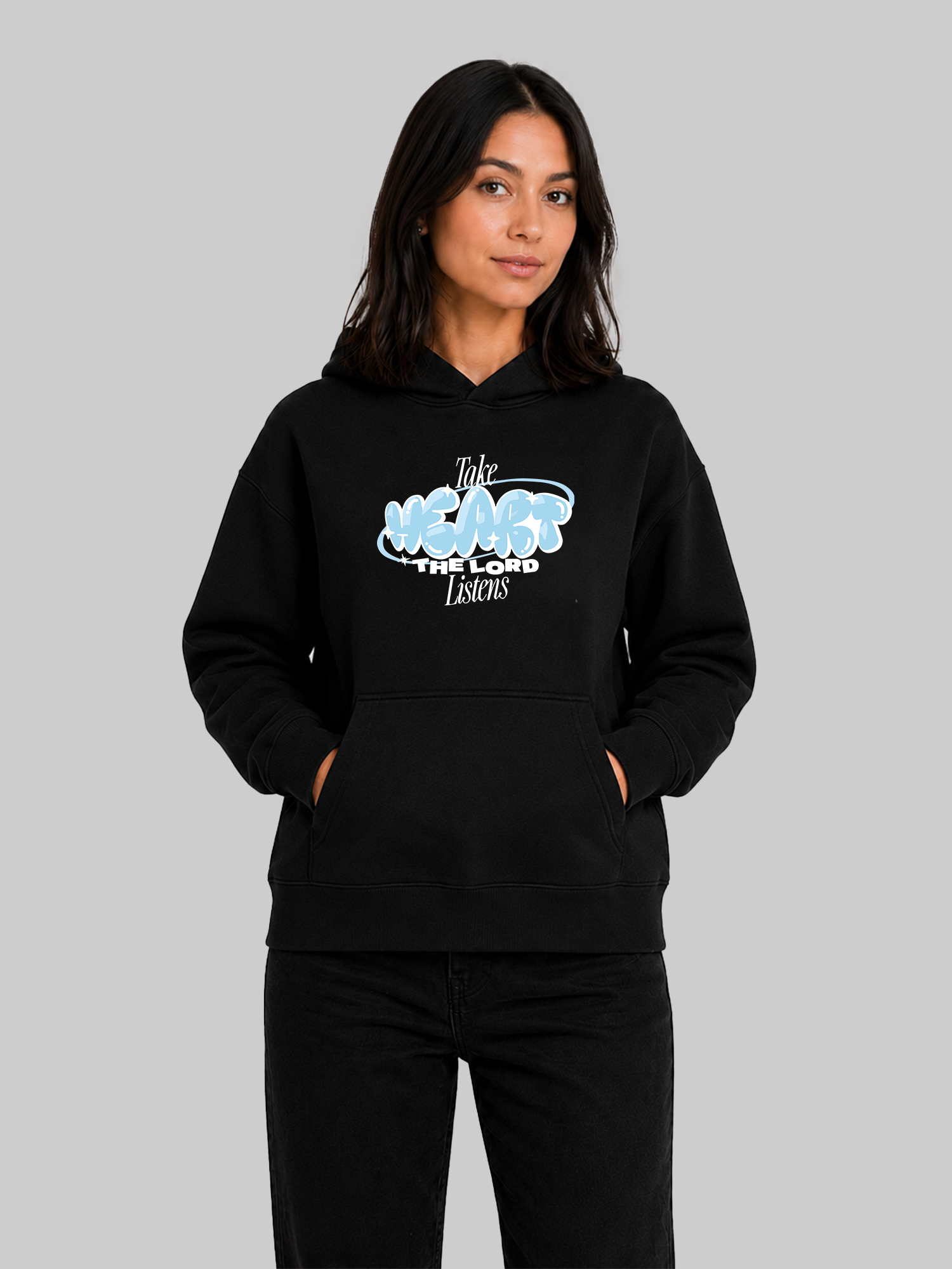 Black women's faith-inspired graphic hoodie with kangaroo pocket and relaxed fit