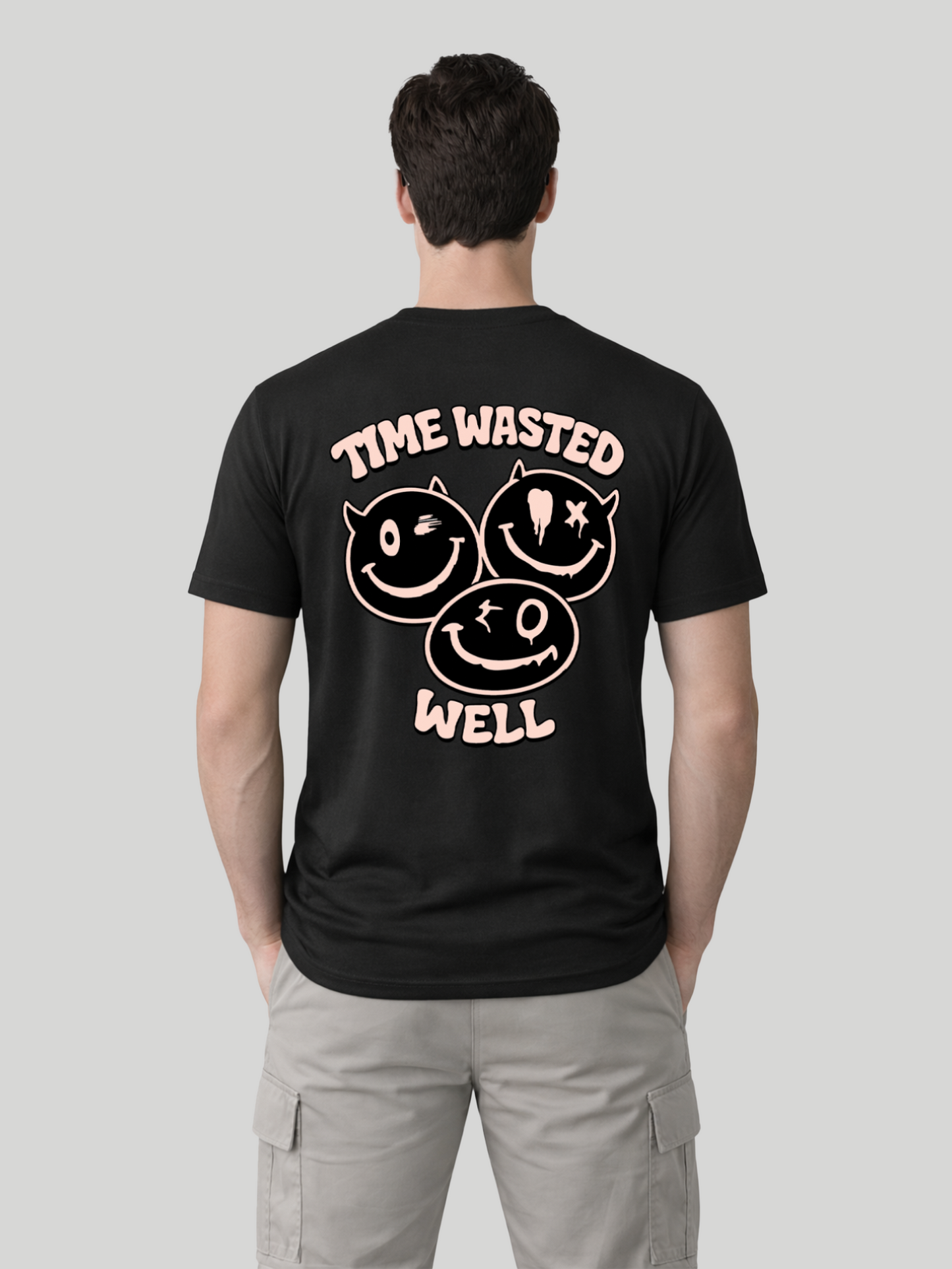 Men wearing Black Time Wasted Well graphic printed regular fit t-shirt back view