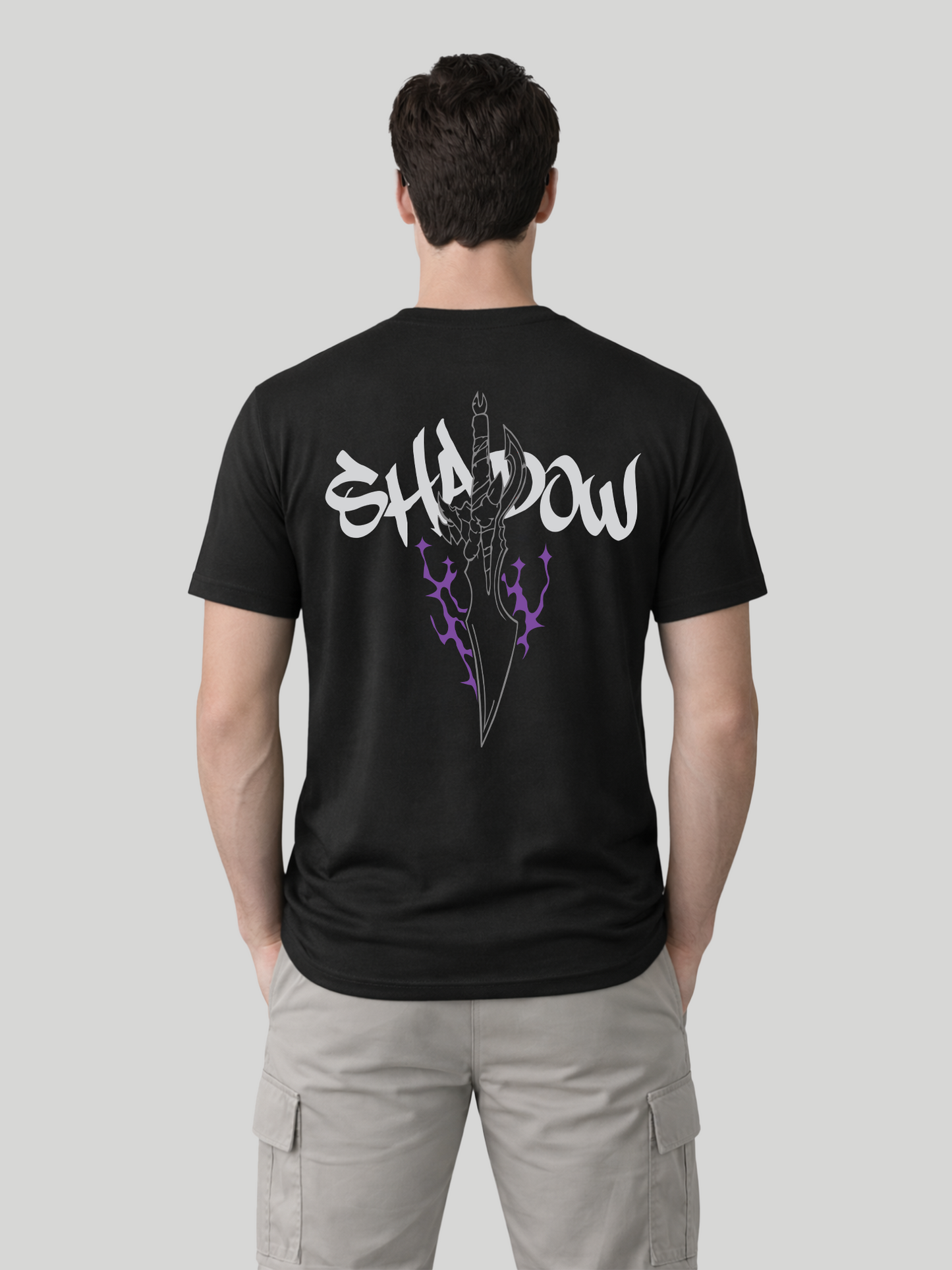 Men’s black back graphic t-shirt with Shadow dagger print relaxed fit rear view