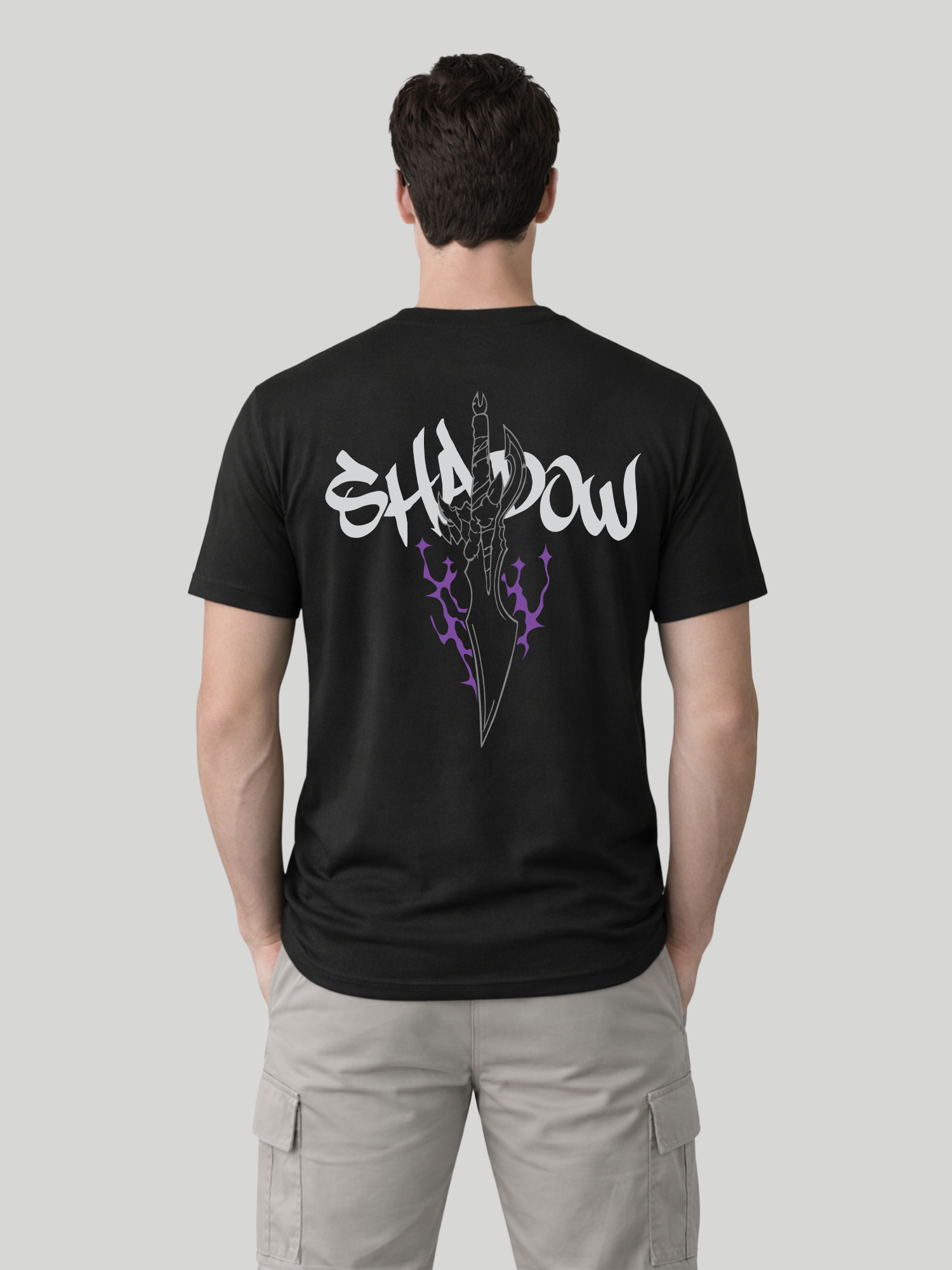 Men’s black back graphic t-shirt with Shadow dagger print relaxed fit rear view