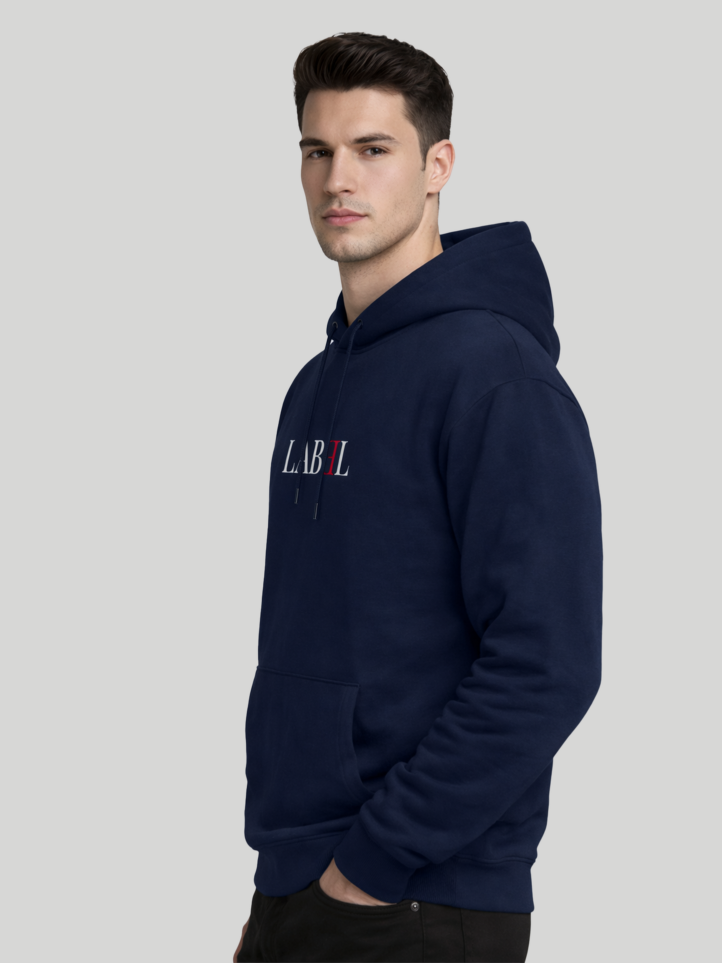 LABEL navy blue hoodie for men side view casual pullover hoodie with minimal front print