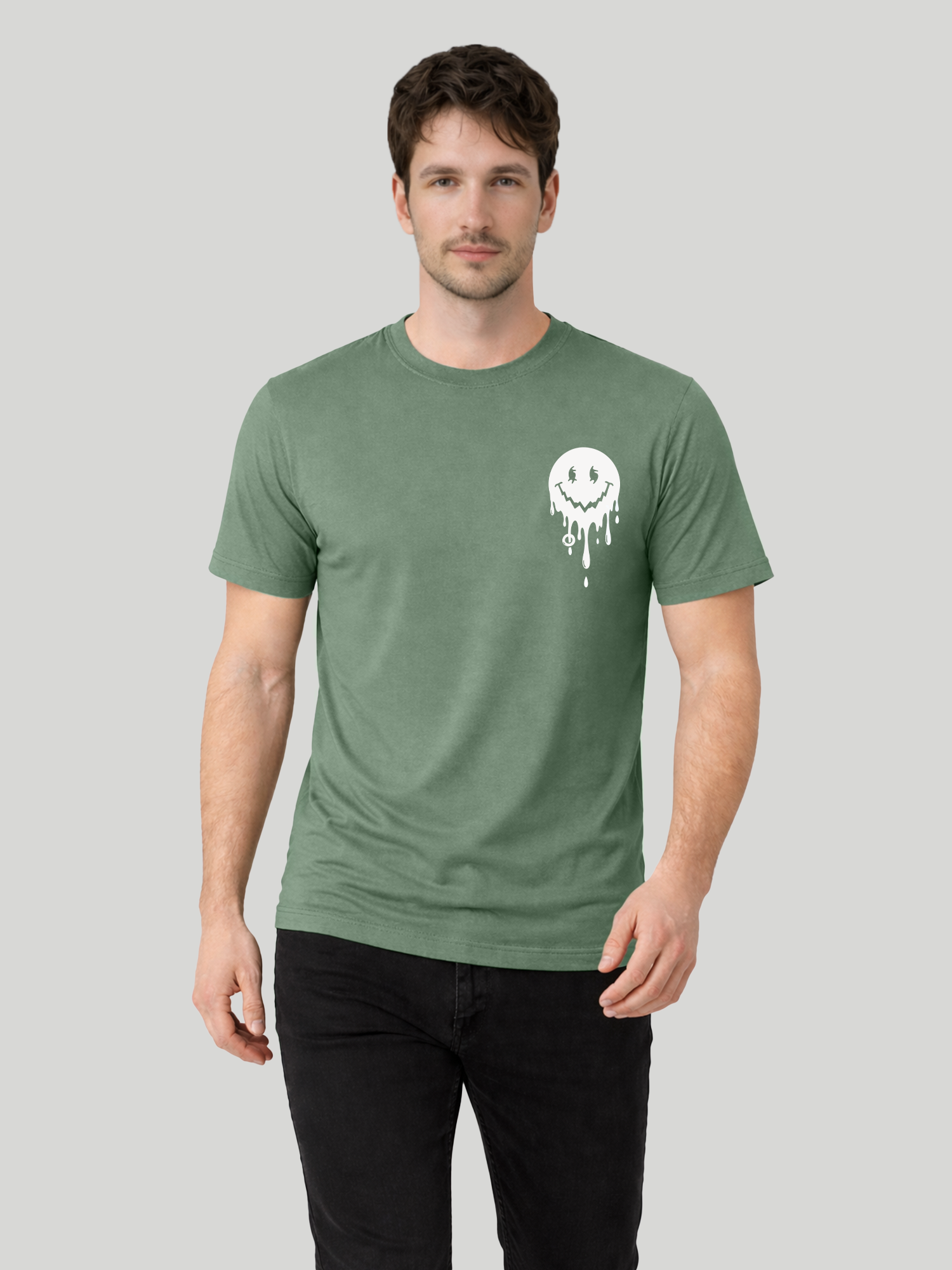 Men’s Light Green regular fit smiley graphic printed t-shirt walking pose