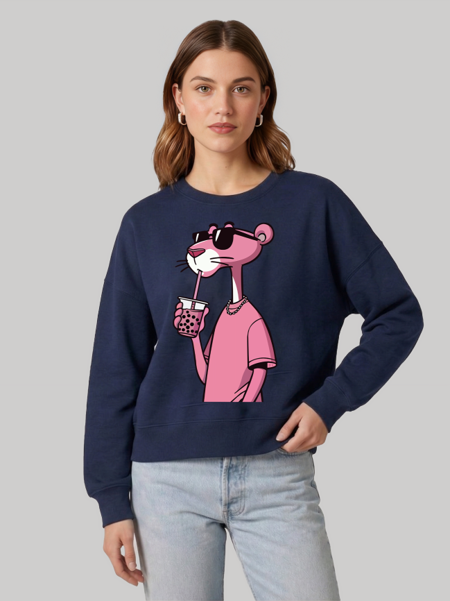 Ninthclause navy blue sweatshirt with pink panther graphic for women in casual wear