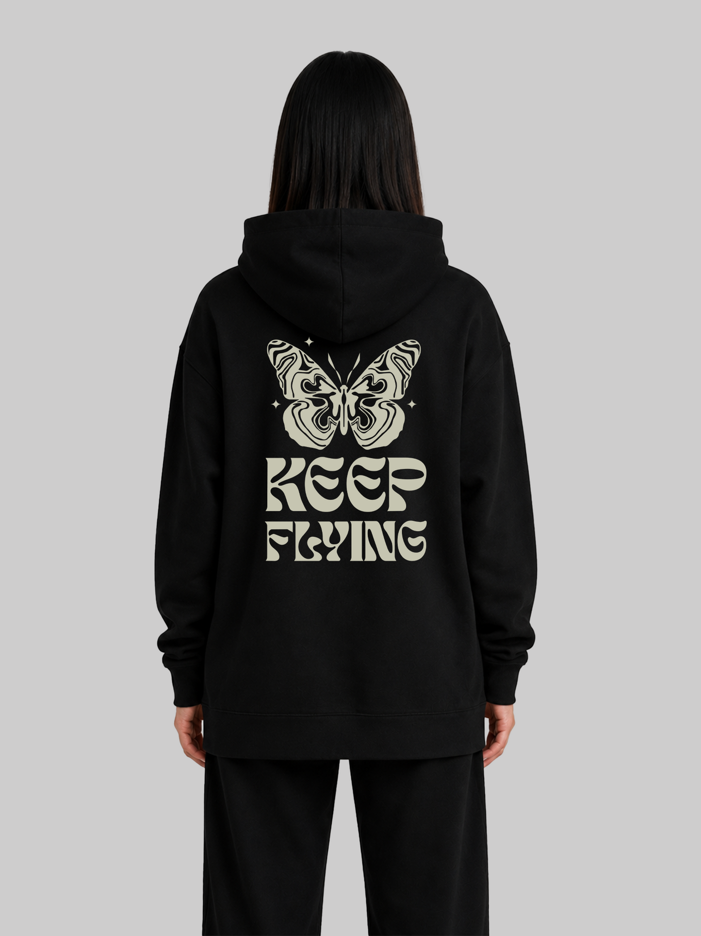 Black Women's Keep Flying Butterfly Graphic Hoodie Back View
