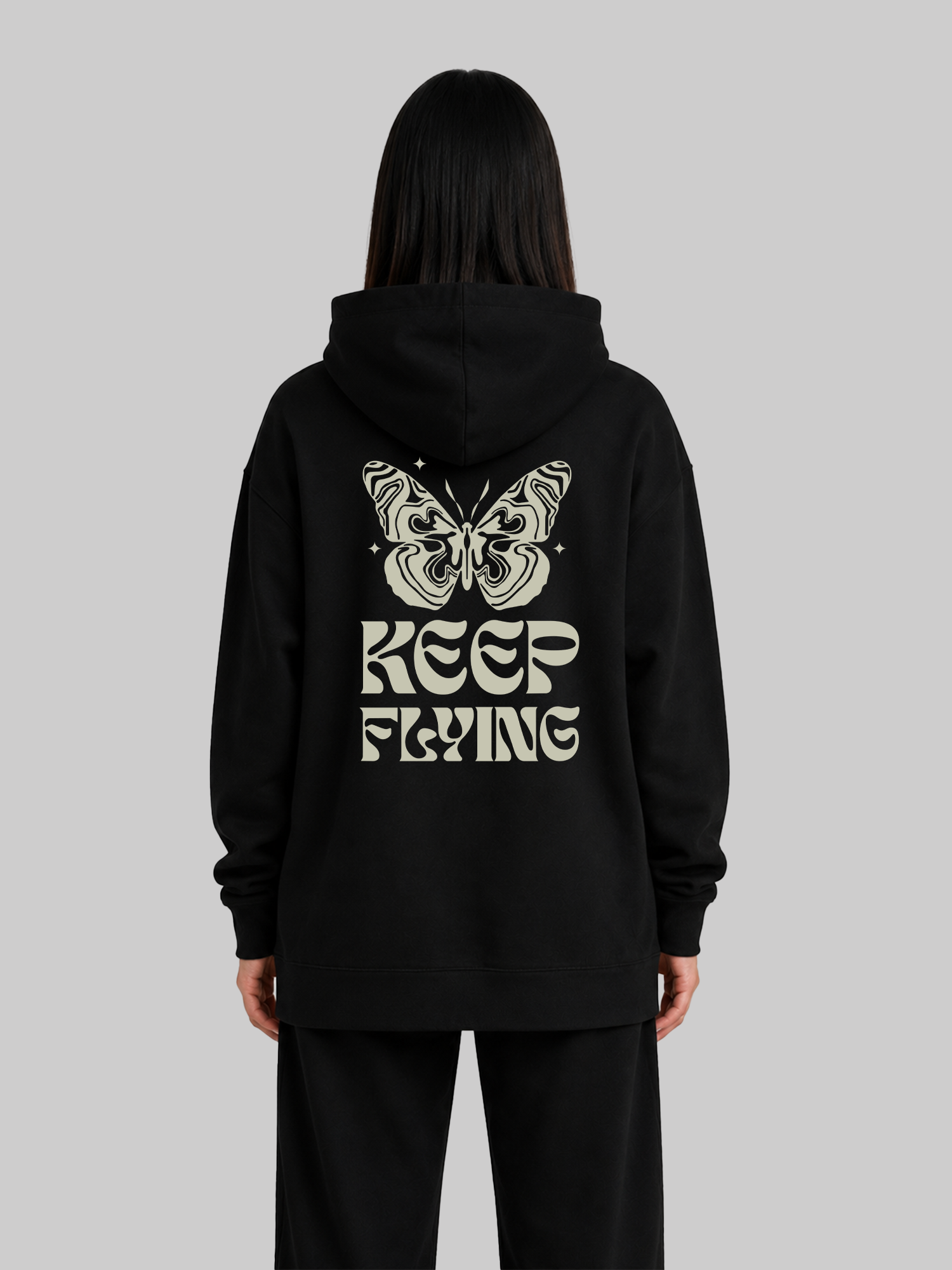 Black Women's Keep Flying Butterfly Graphic Hoodie Back View