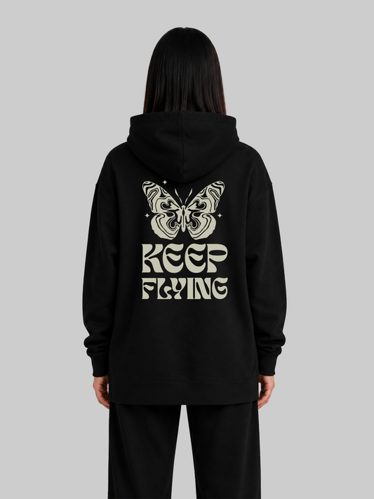 Black Women's Keep Flying Butterfly Graphic Hoodie Back View