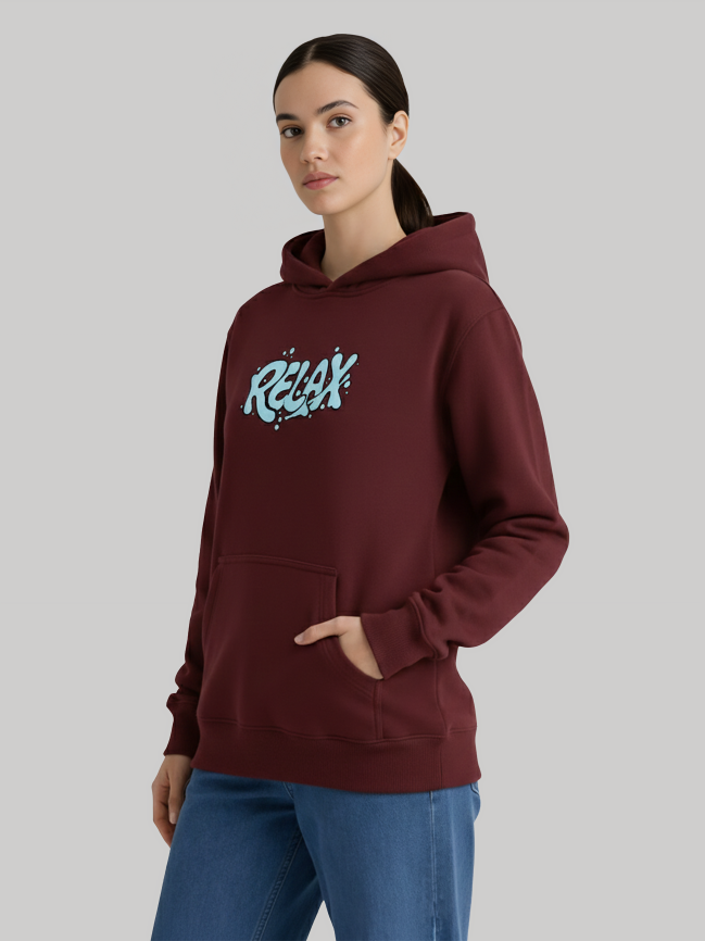 Maroon hoodie for women with RELAX graphic in side view