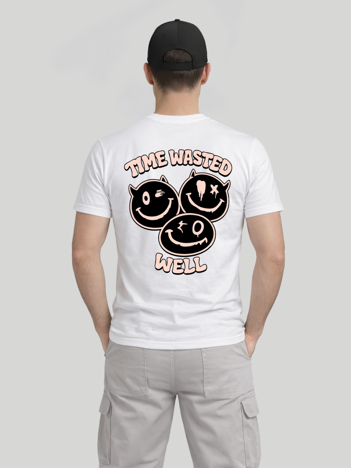 Men wearing White Time Wasted Well graphic printed regular fit t-shirt back view