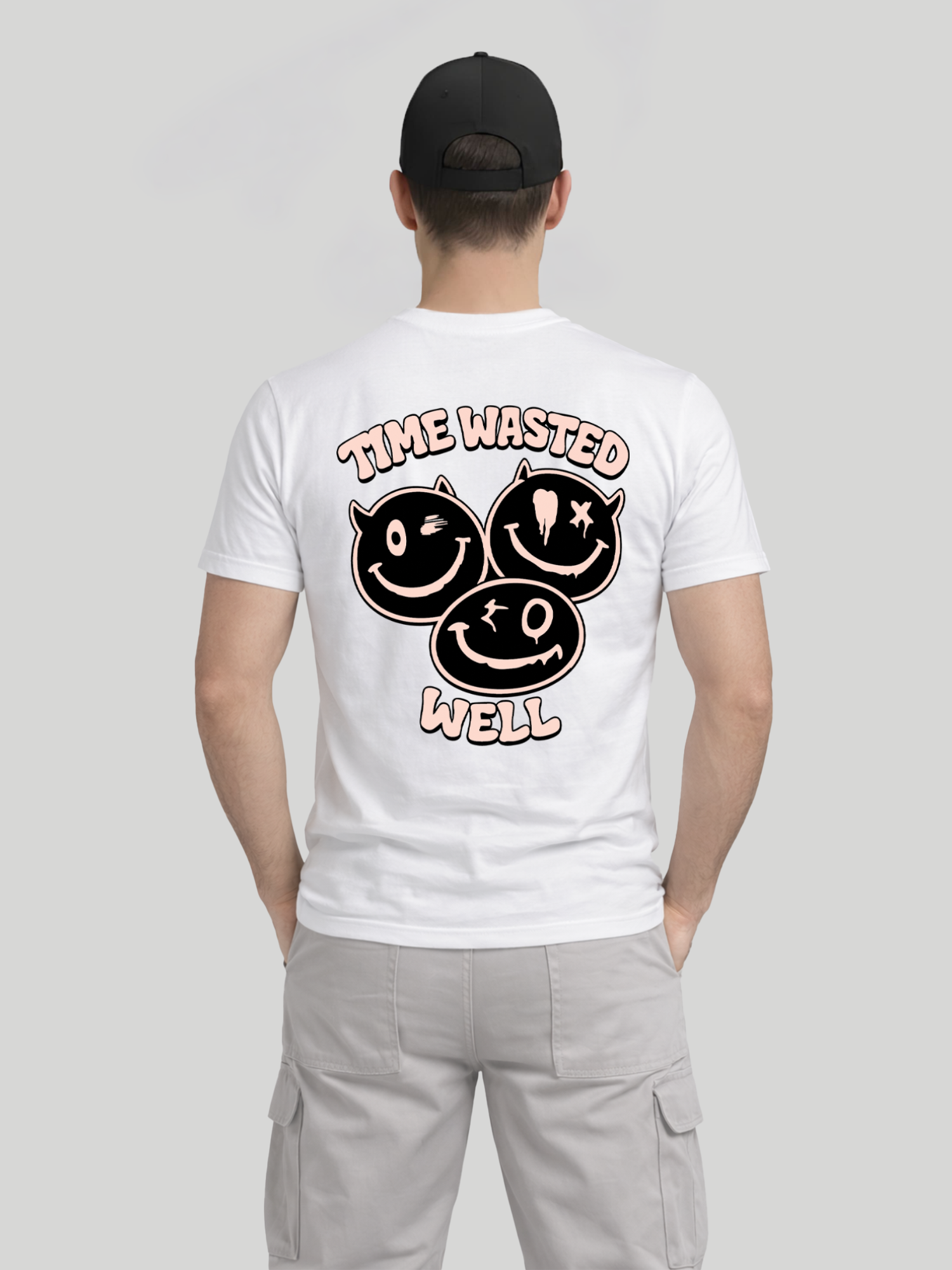 Men wearing White Time Wasted Well graphic printed regular fit t-shirt back view