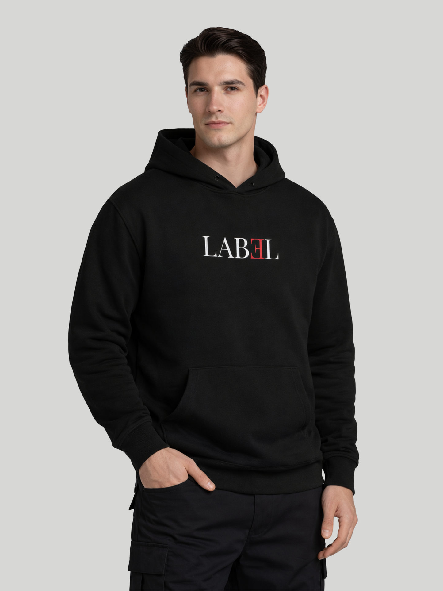 LABEL black hoodie for men front angled view 