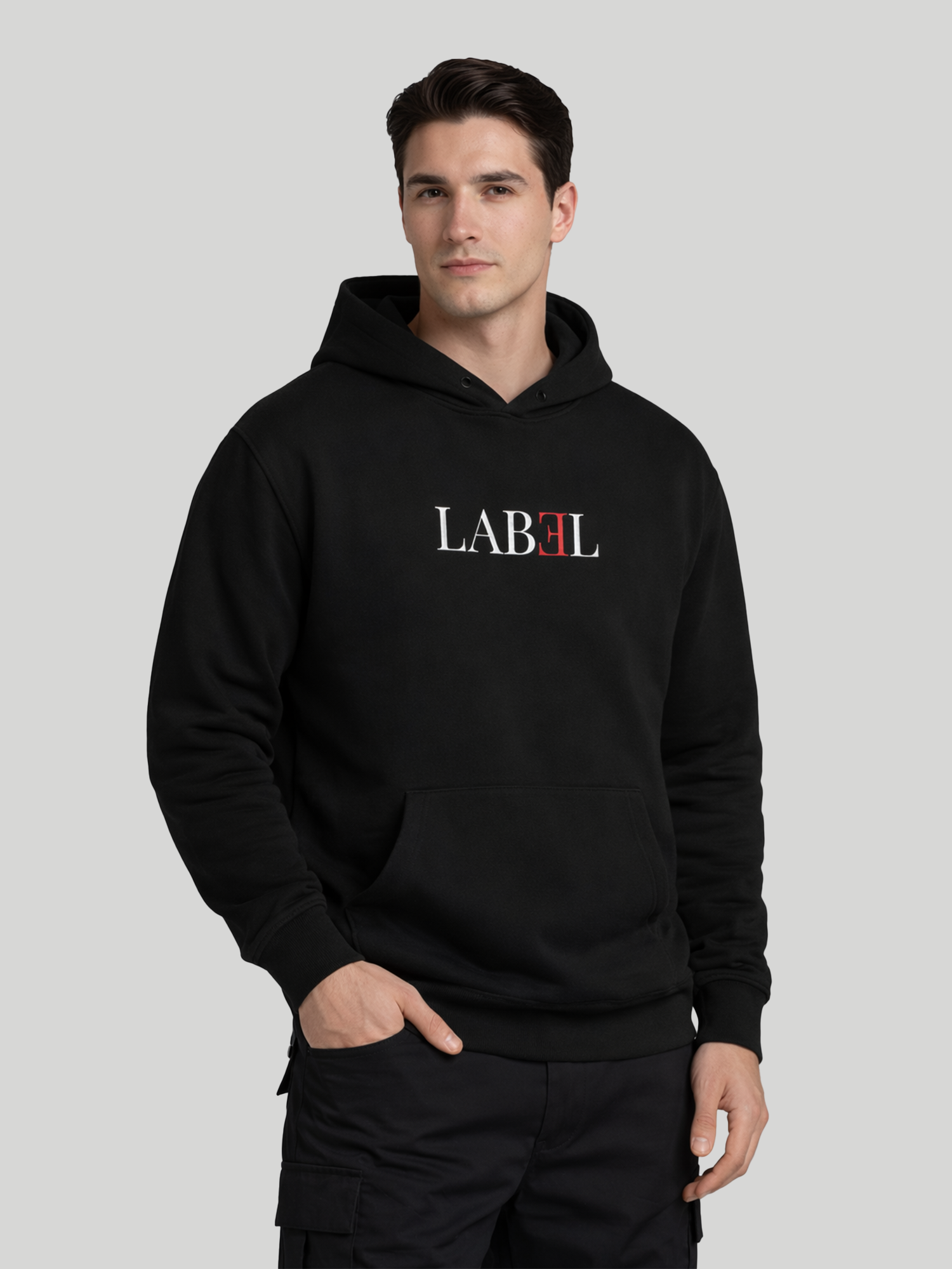 LABEL black hoodie for men front angled view 