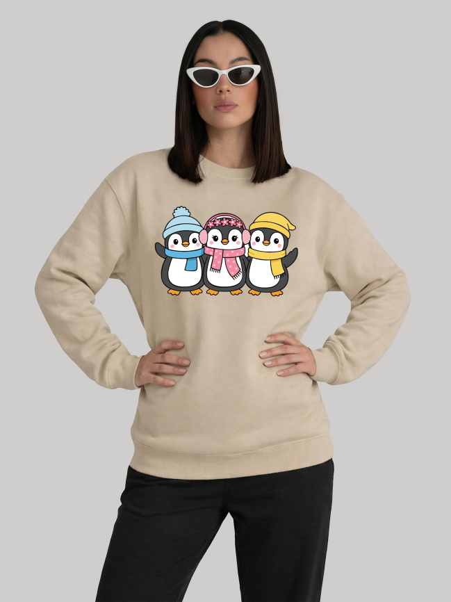 NinthClause sand sweatshirt with penguin print and stylish winter streetwear look