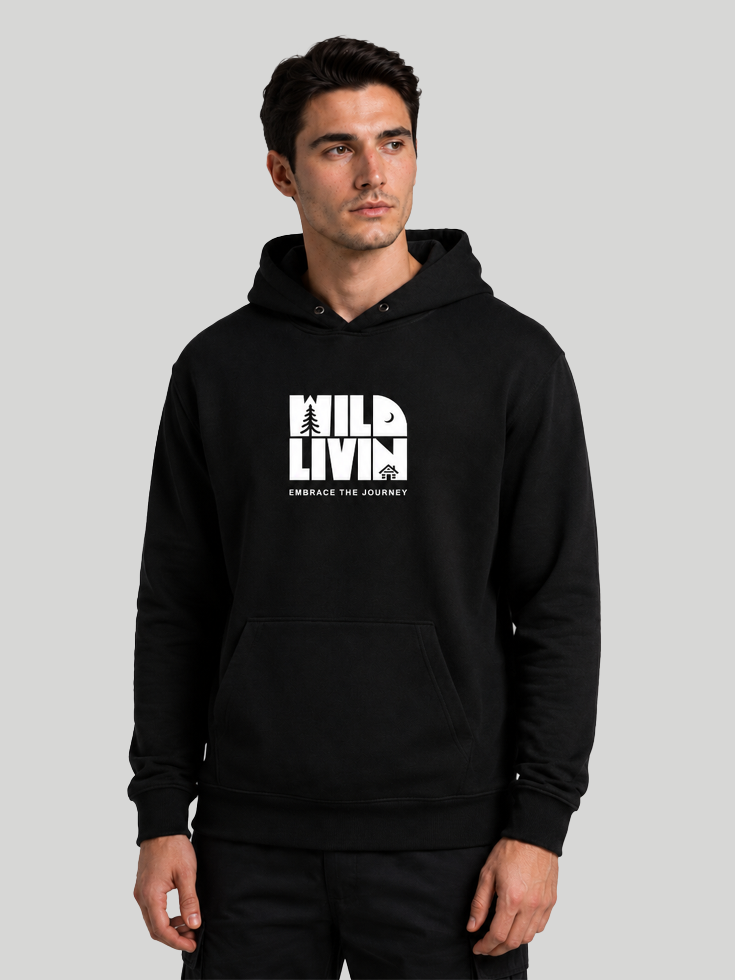 Men's black graphic hoodie with Wild Livin print and relaxed everyday fit