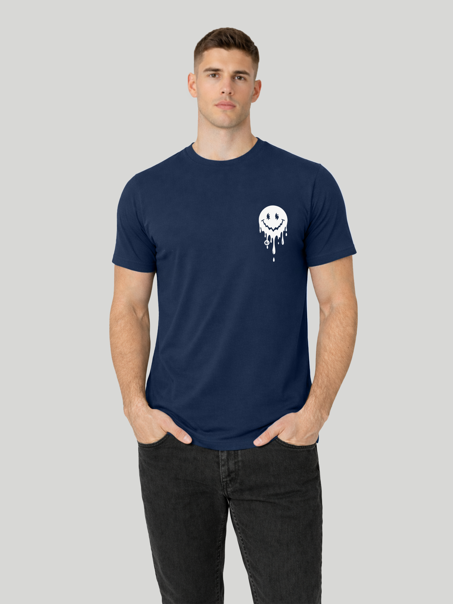 Men’s Navy Blue regular fit smiley graphic printed t-shirt front hands in pocket pose