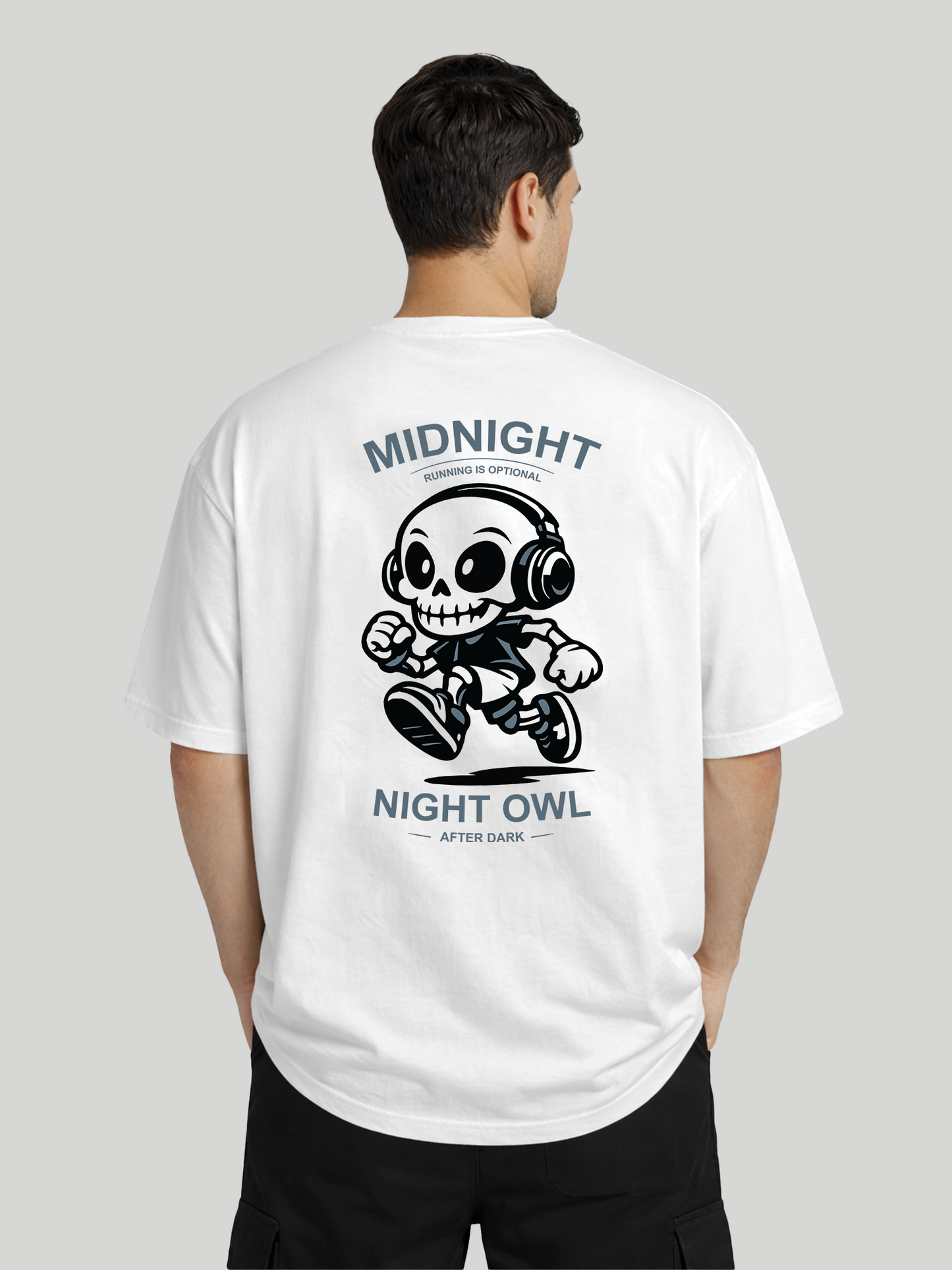 Midnight Night Owl white oversized t-shirt for men angled back view with bold graphic print