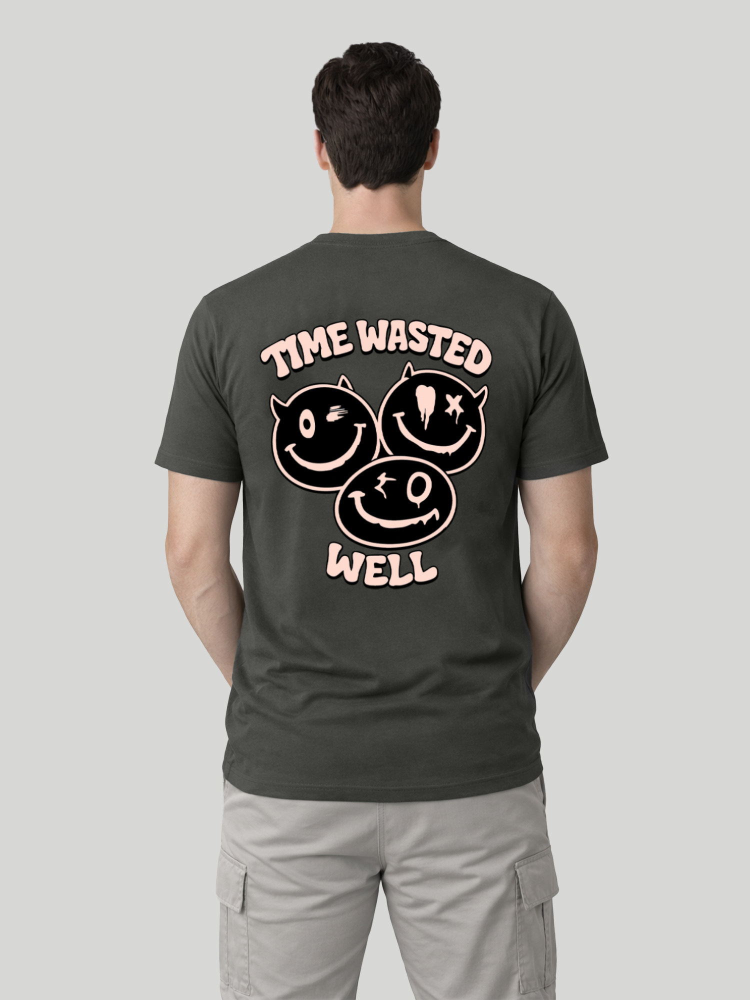 Men wearing Pepper Time Wasted Well back print regular fit t-shirt rear view