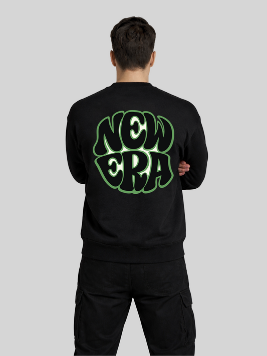 Men’s black sweatshirt back view with bold NEW ERA graphic print, premium streetwear crewneck