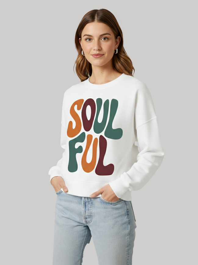 Ninthclause Soulful white sweatshirt for women with retro multicolor typography design