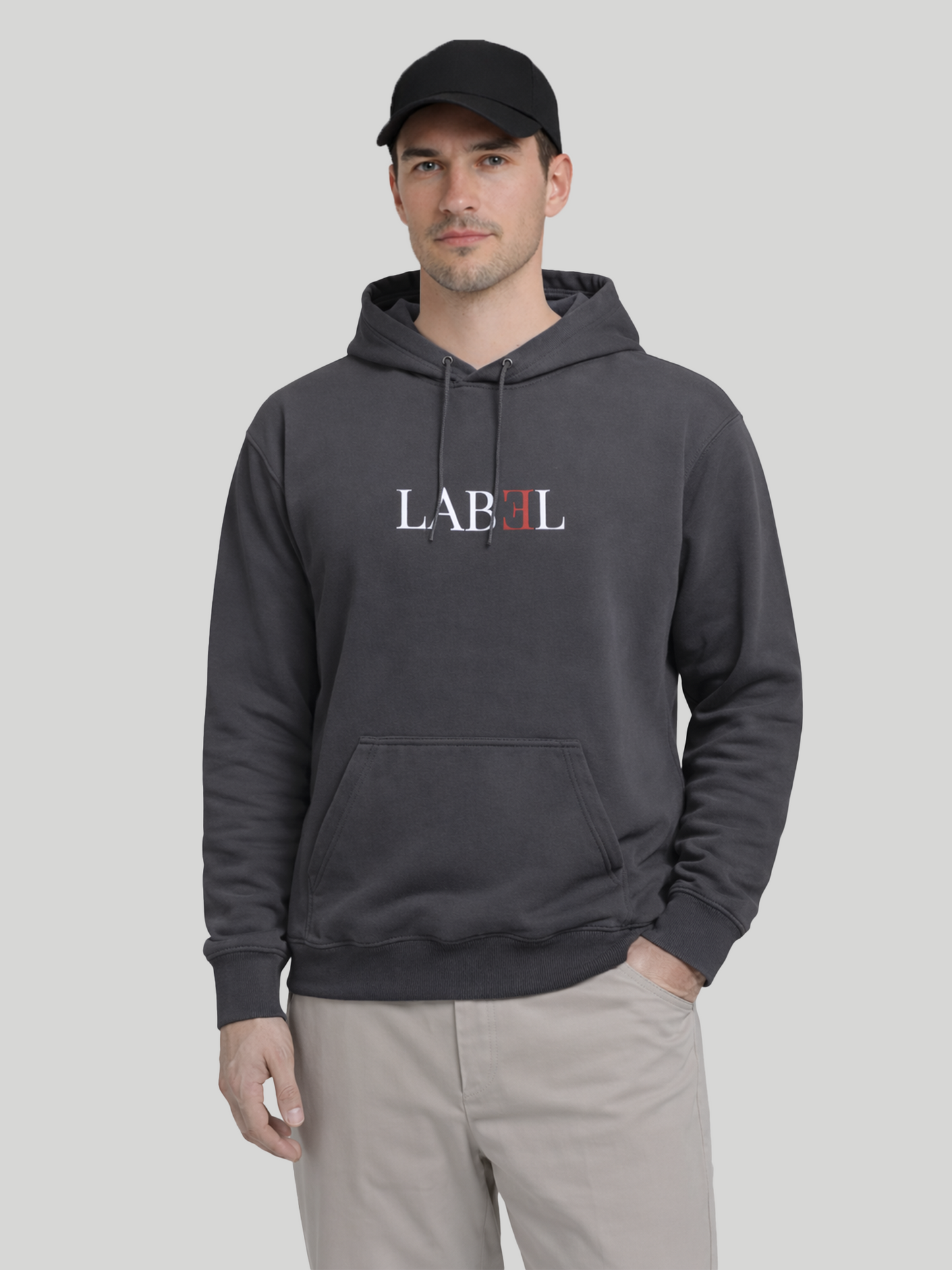 LABEL charcoal hoodie for men front view with minimal print and kangaroo pocket