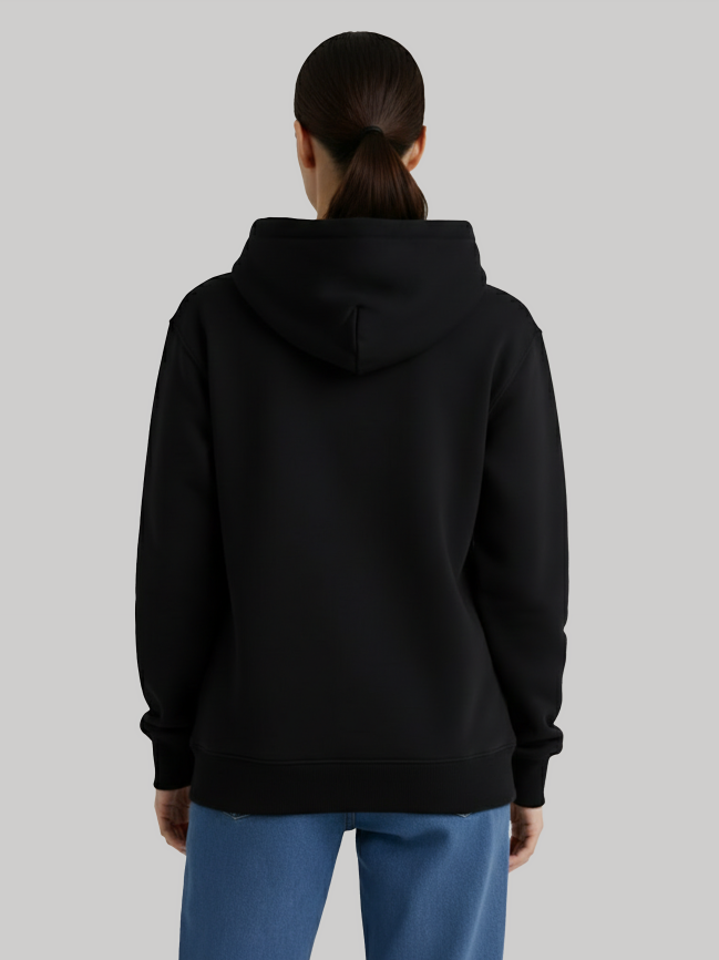 Back view of black hoodie for women with relaxed fit