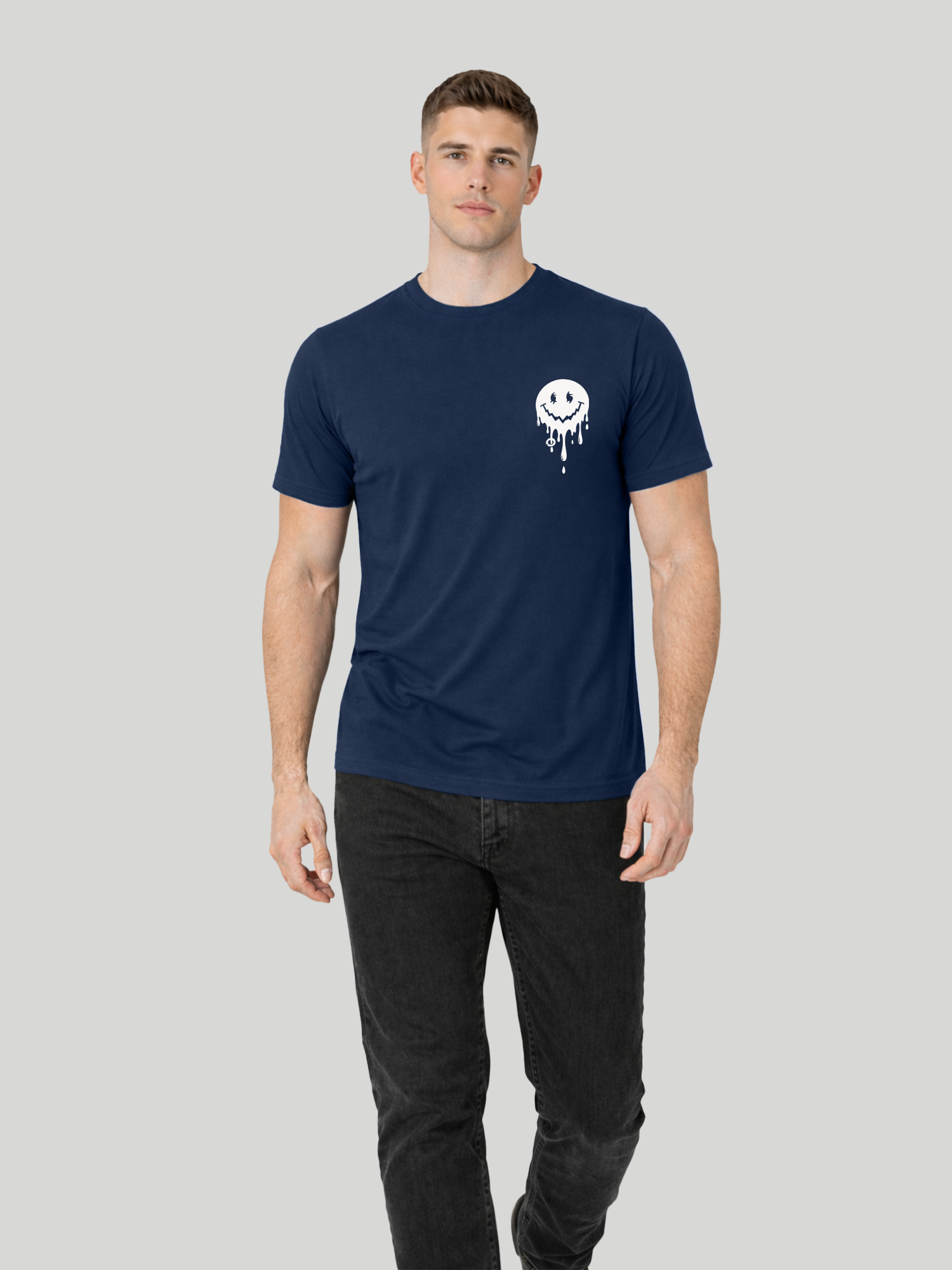 Men’s Navy Blue regular fit smiley graphic printed t-shirt walking pose